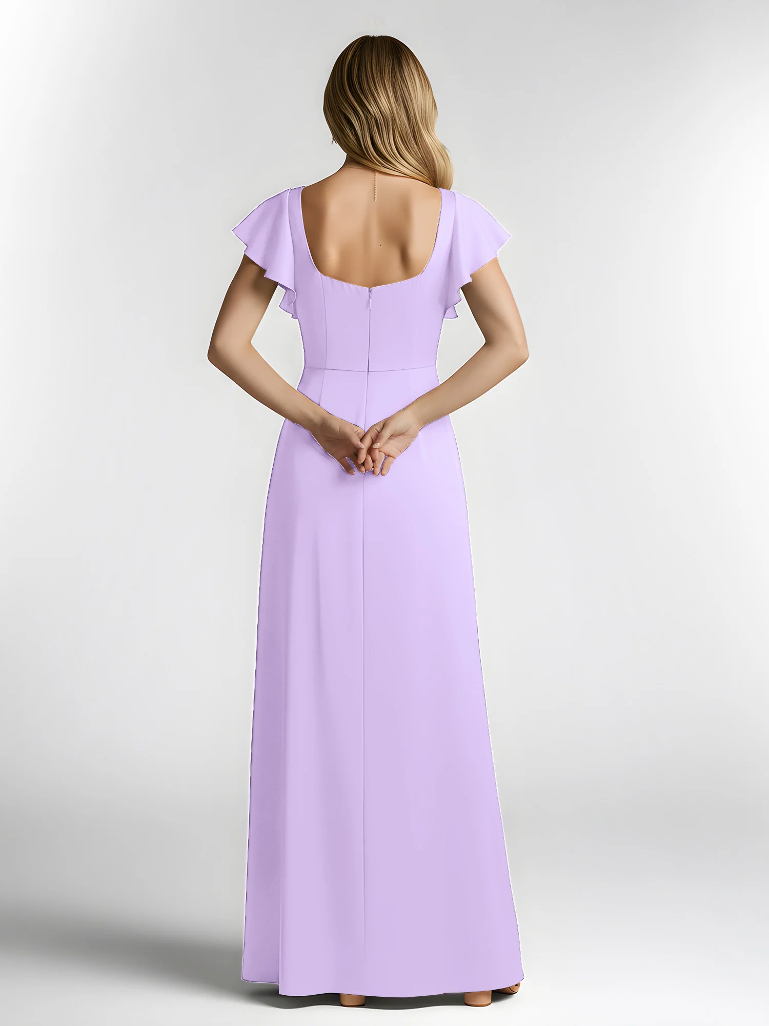 Chiffon Square Neck Flutter Sleeves Dresses With Slit Lilac - Image 2