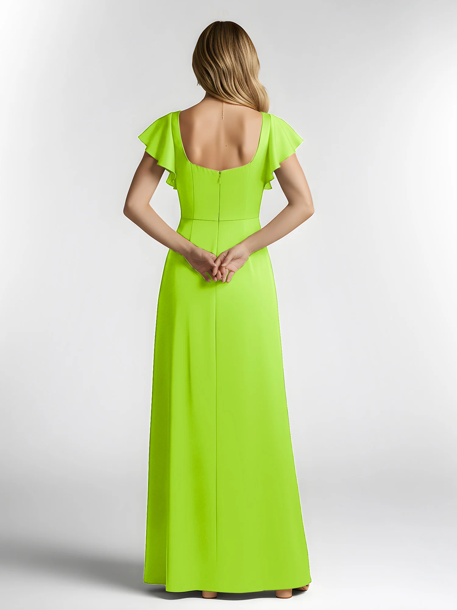 Chiffon Square Neck Flutter Sleeves Dresses With Slit Lime Green - Image 2