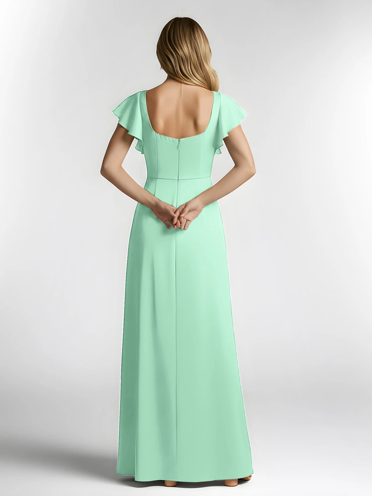 Chiffon Square Neck Flutter Sleeves Dresses With Slit Mint Green - Image 2