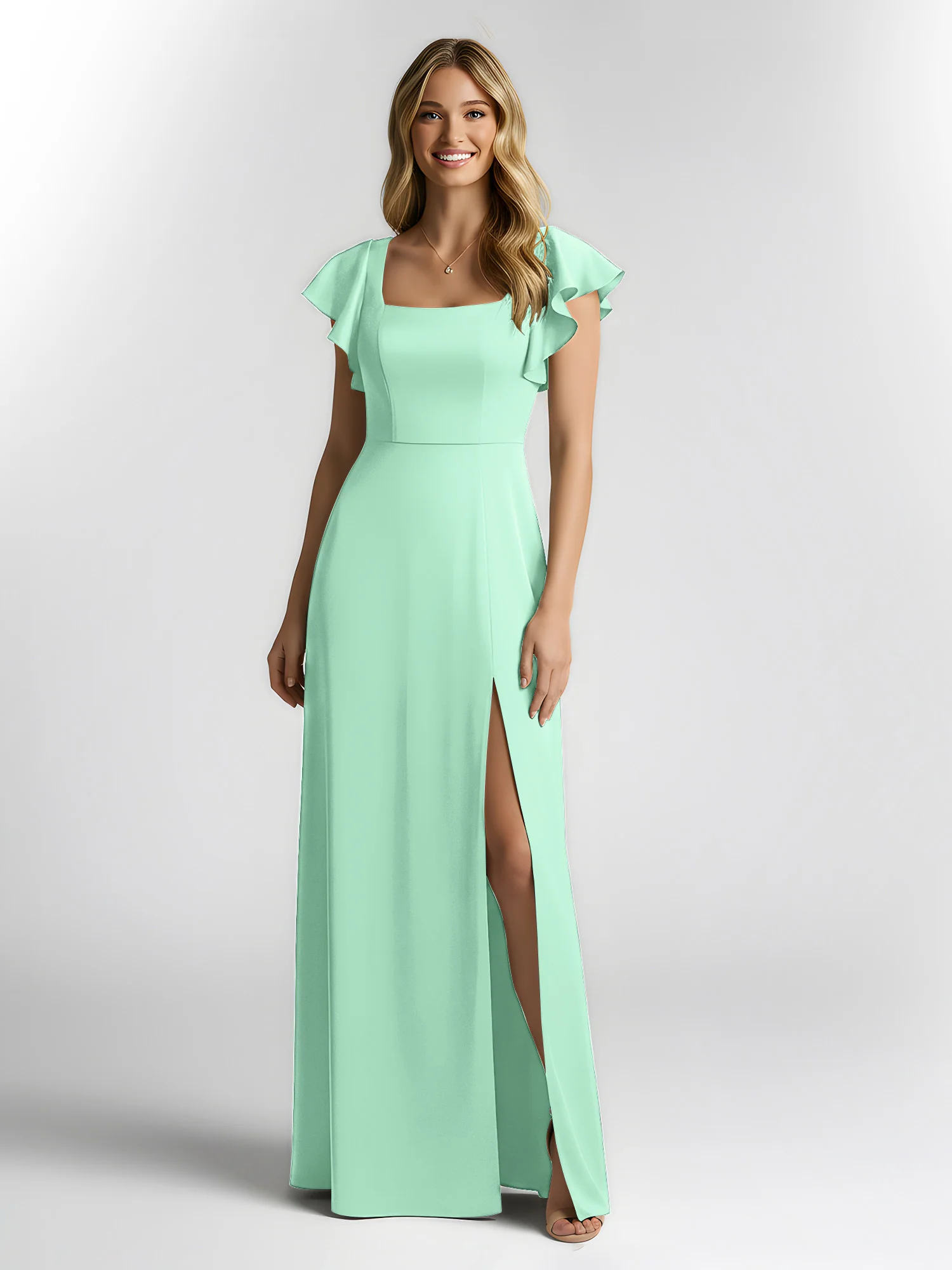 Chiffon Square Neck Flutter Sleeves Dresses With Slit Mint Green - Image 3