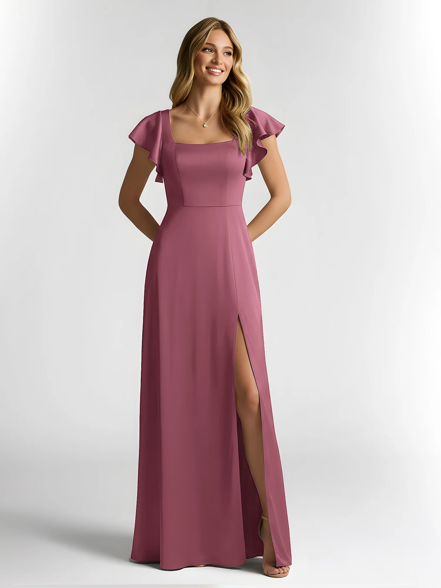 Chiffon Square Neck Flutter Sleeves Dresses With Slit Mulberry