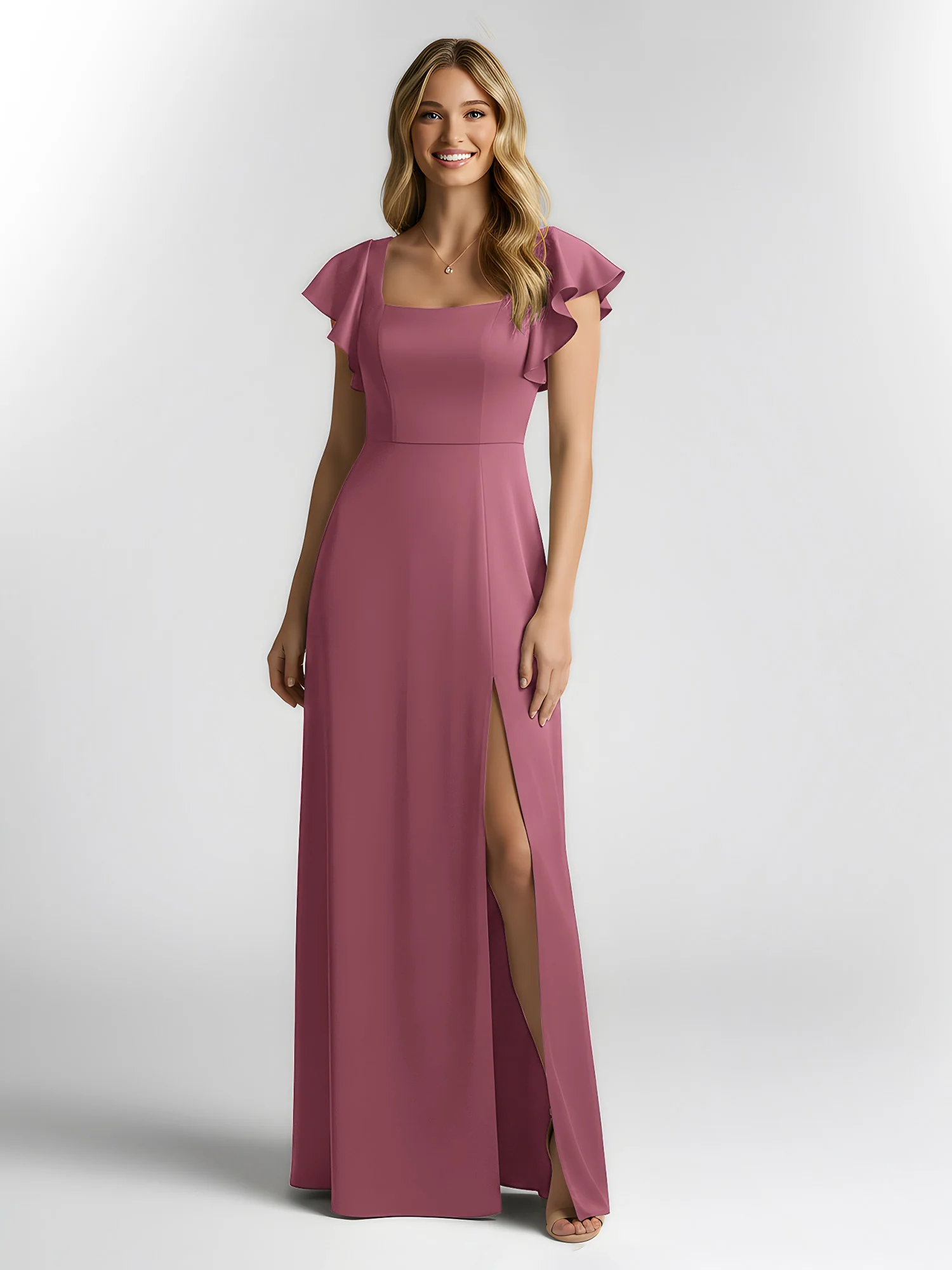 Chiffon Square Neck Flutter Sleeves Dresses With Slit Mulberry - Image 3