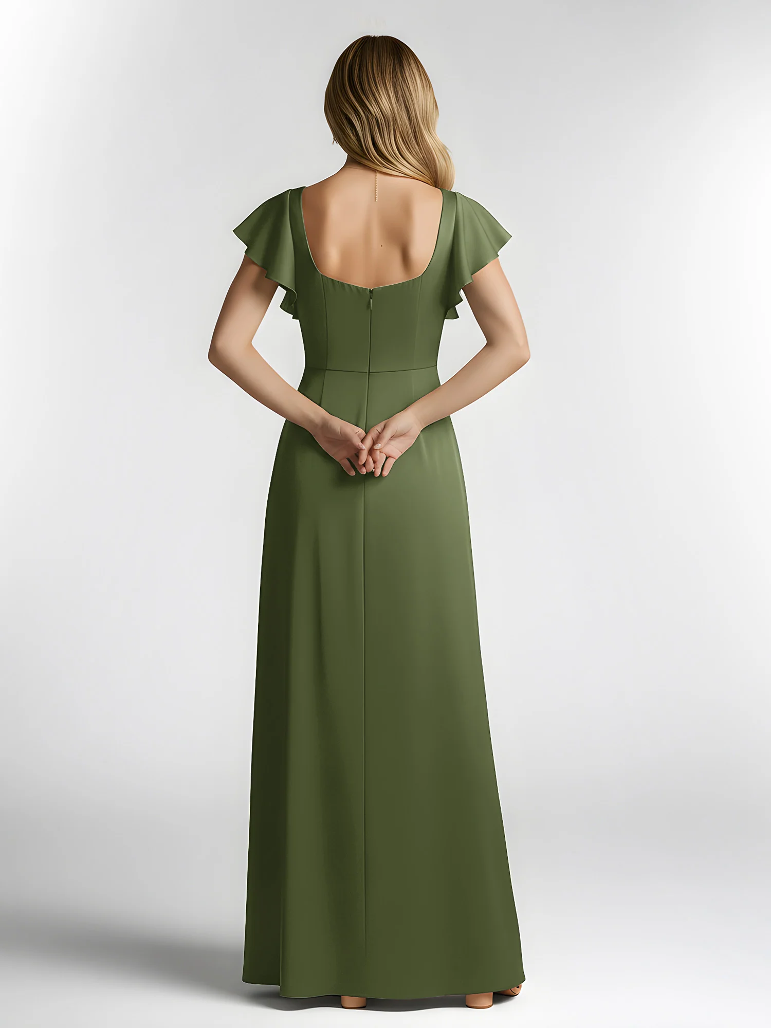 Chiffon Square Neck Flutter Sleeves Dresses With Slit Olive Green - Image 2