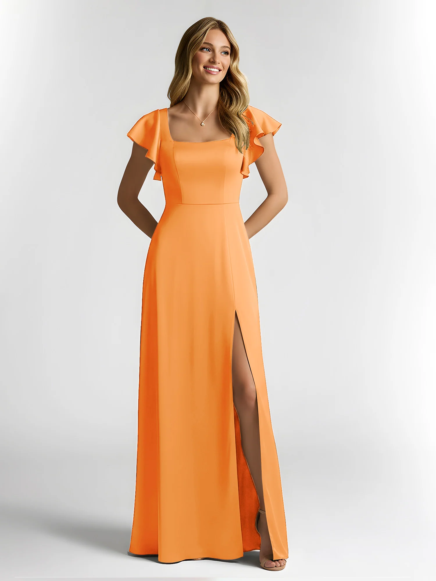 Chiffon Square Neck Flutter Sleeves Dresses With Slit Orange