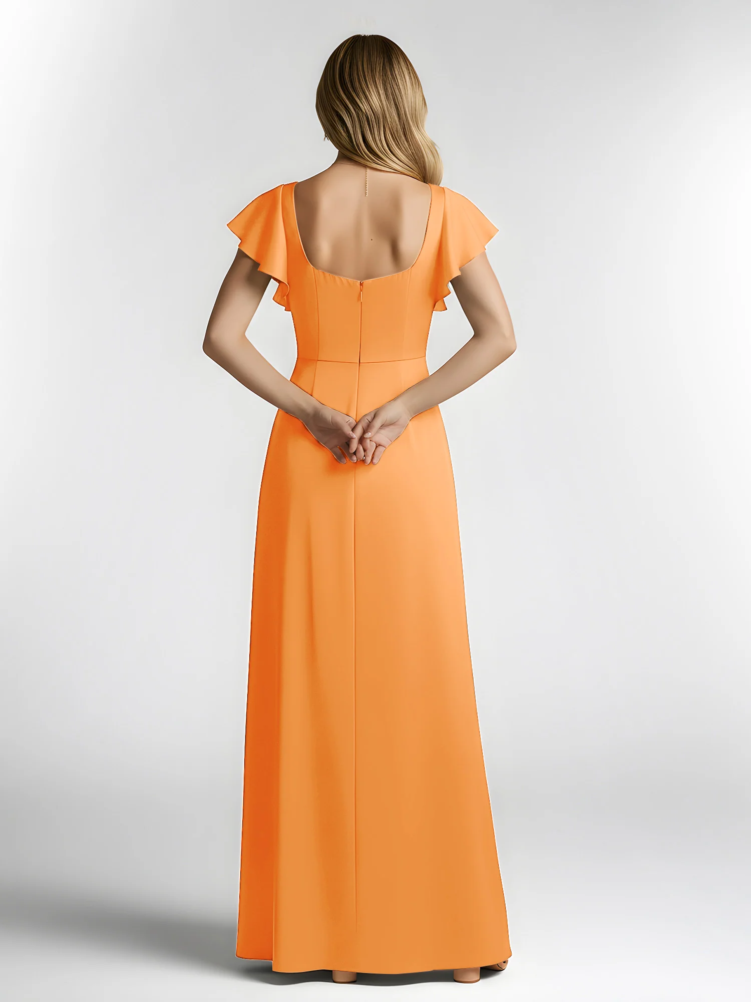 Chiffon Square Neck Flutter Sleeves Dresses With Slit Orange - Image 2