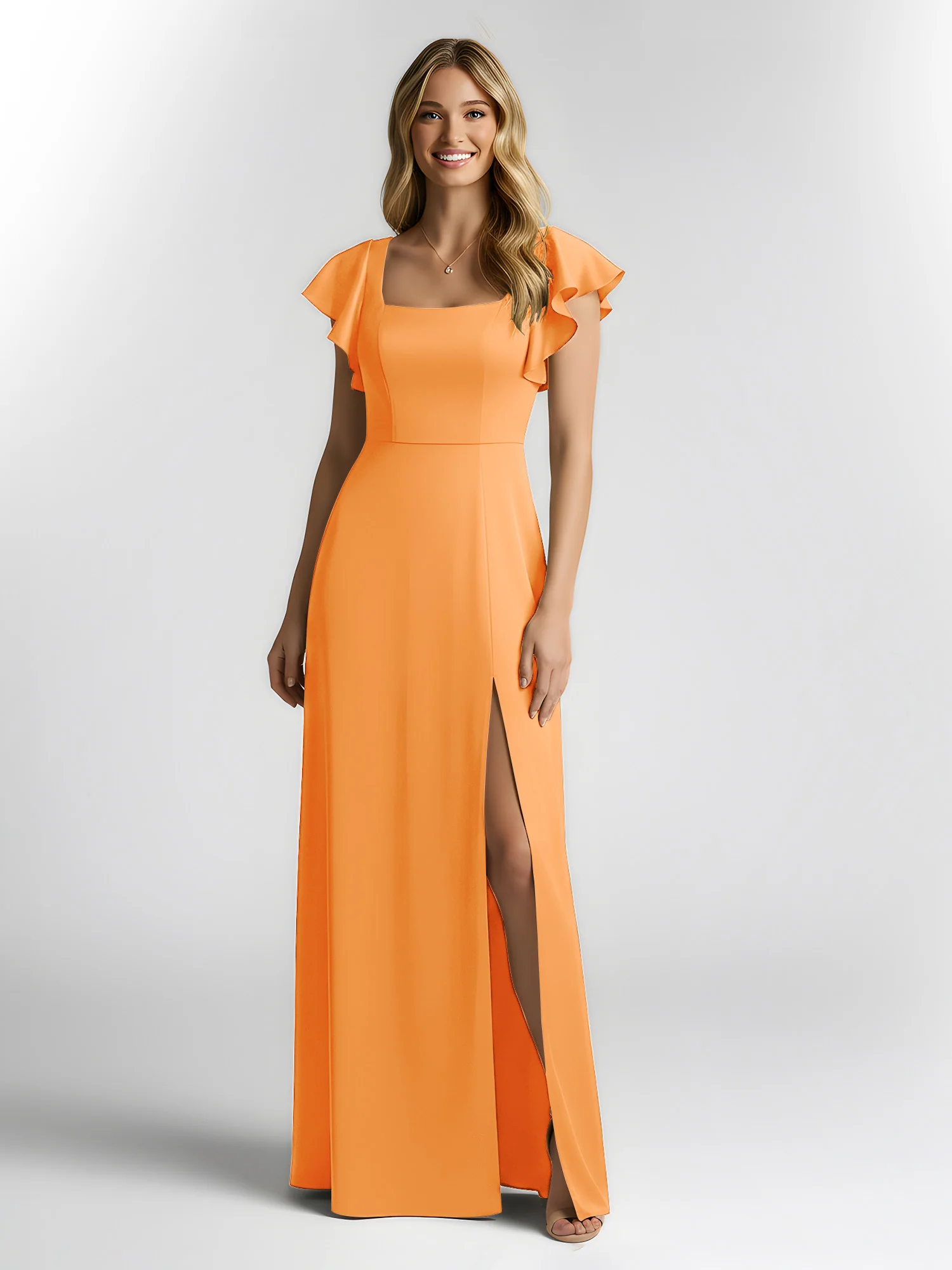 Chiffon Square Neck Flutter Sleeves Dresses With Slit Orange - Image 3