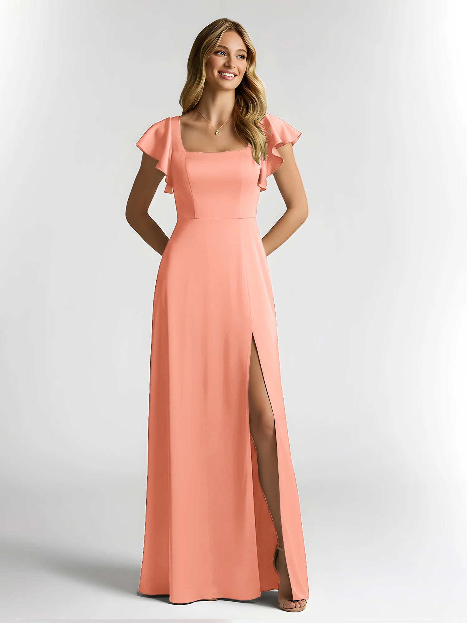 Chiffon Square Neck Flutter Sleeves Dresses With Slit Papaya