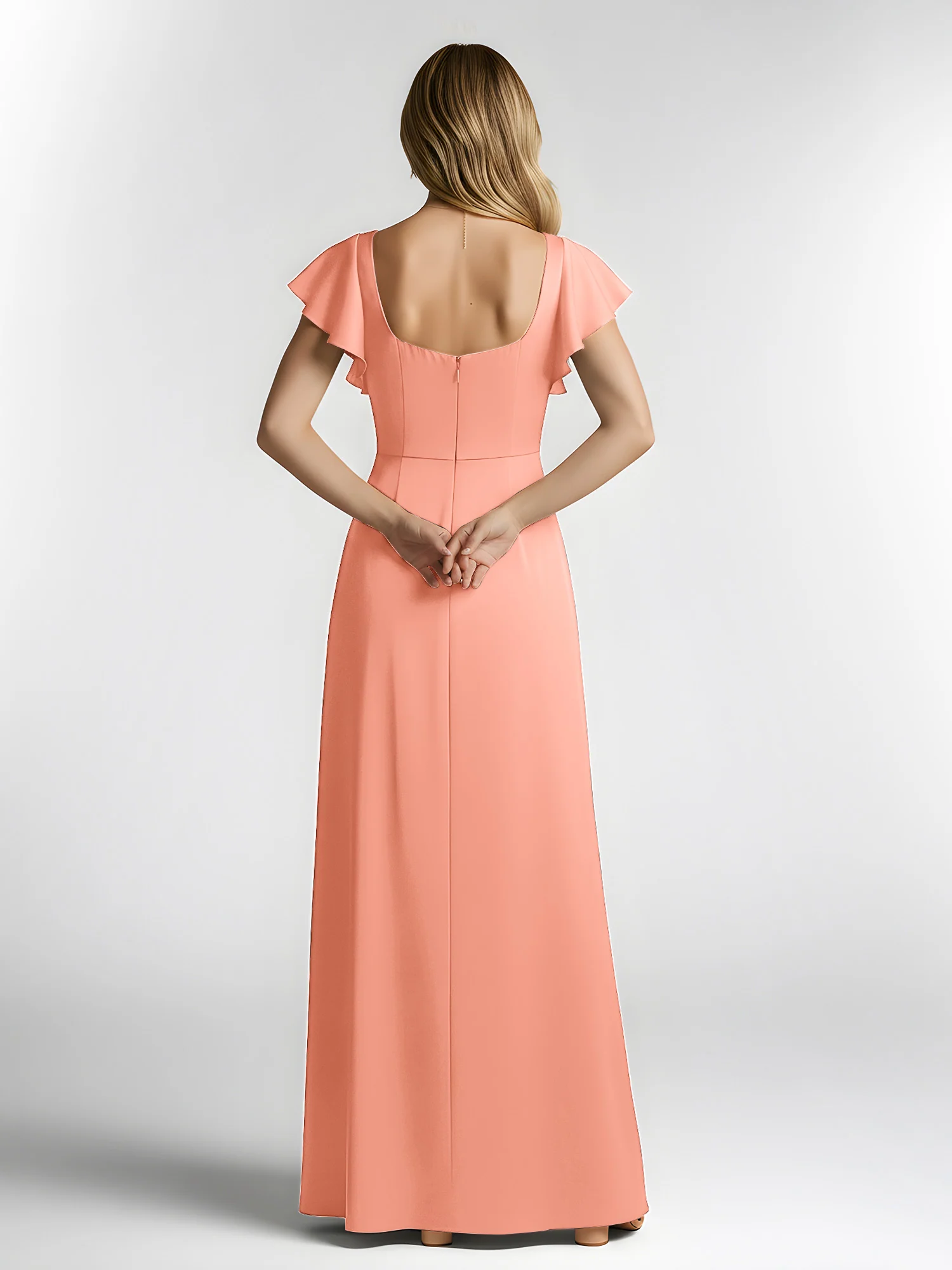 Chiffon Square Neck Flutter Sleeves Dresses With Slit Papaya - Image 2