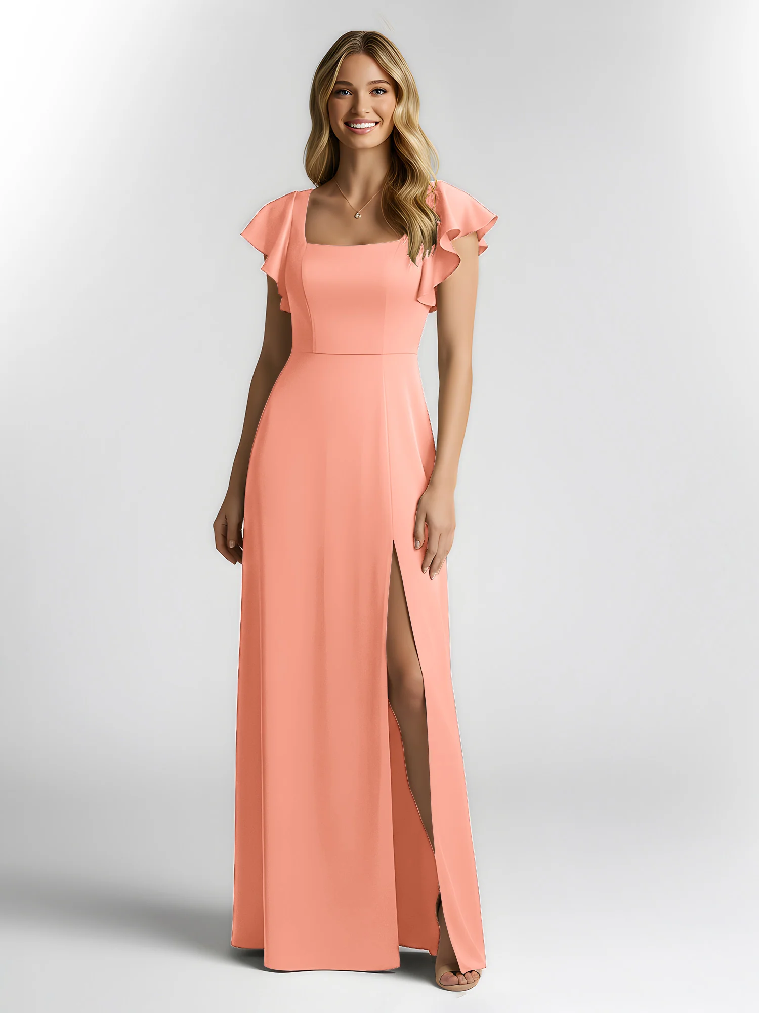 Chiffon Square Neck Flutter Sleeves Dresses With Slit Papaya - Image 3