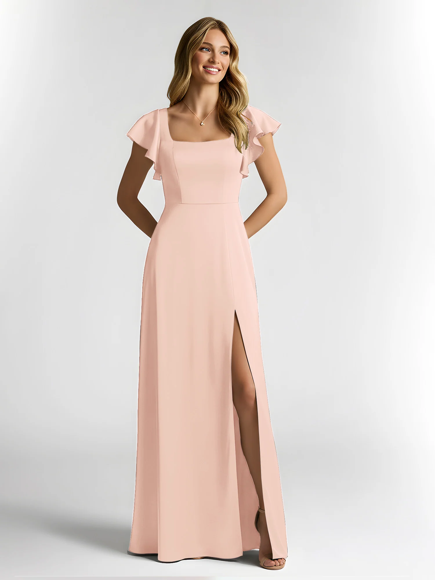 Chiffon Square Neck Flutter Sleeves Dresses With Slit Pearl Pink