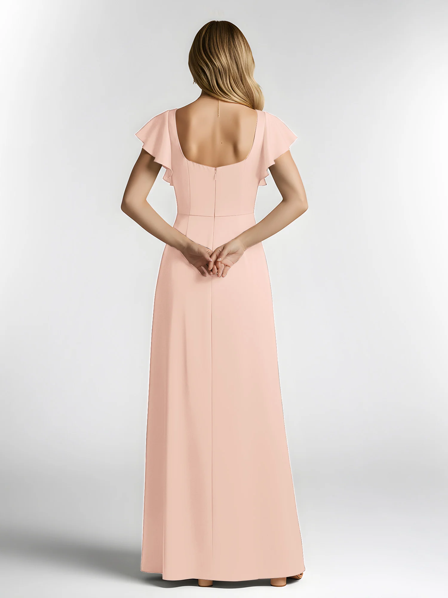 Chiffon Square Neck Flutter Sleeves Dresses With Slit Pearl Pink - Image 2