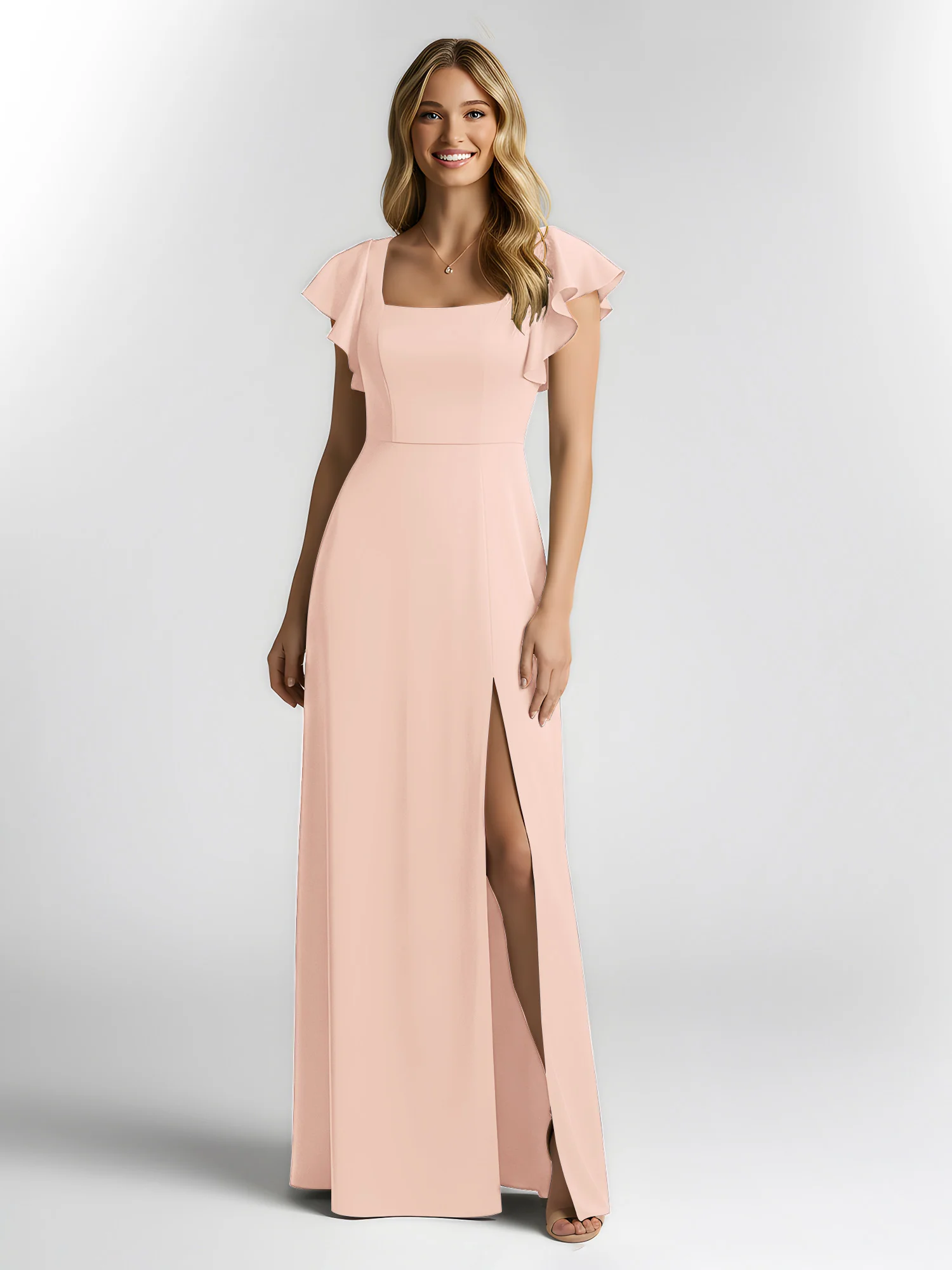 Chiffon Square Neck Flutter Sleeves Dresses With Slit Pearl Pink - Image 3