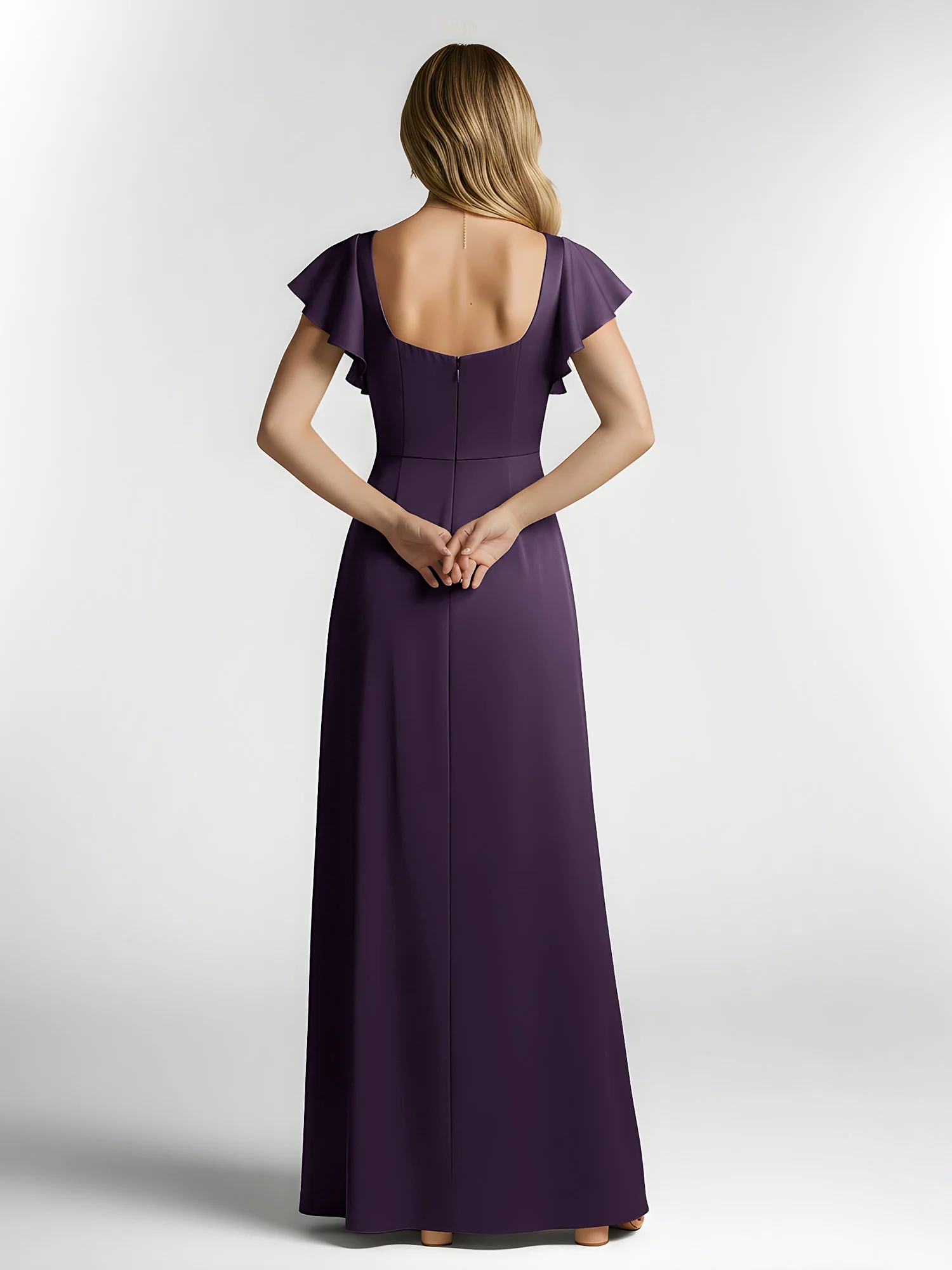 Chiffon Square Neck Flutter Sleeves Dresses With Slit Plum - Image 2