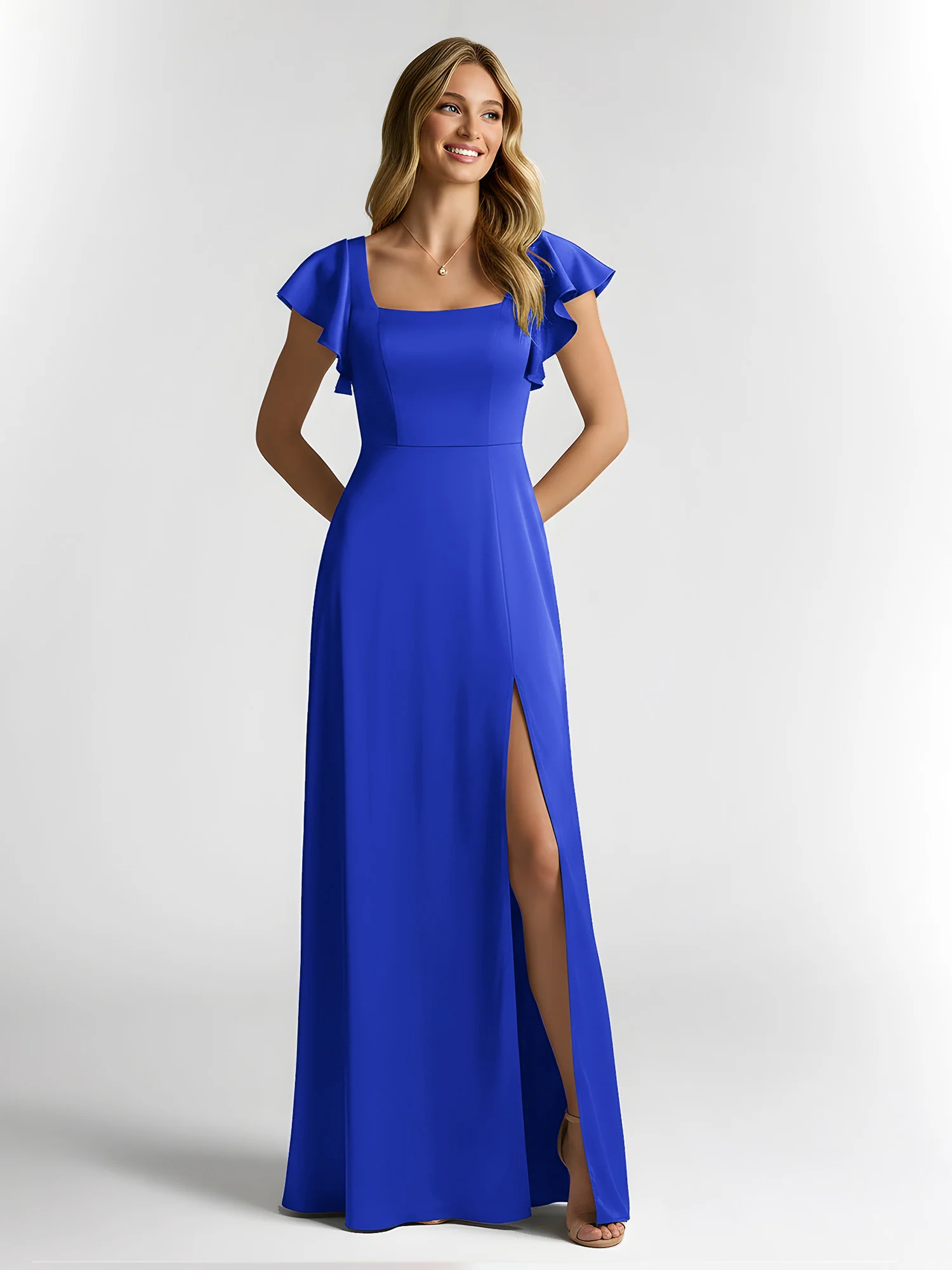 Chiffon Square Neck Flutter Sleeves Dresses With Slit Royal Blue