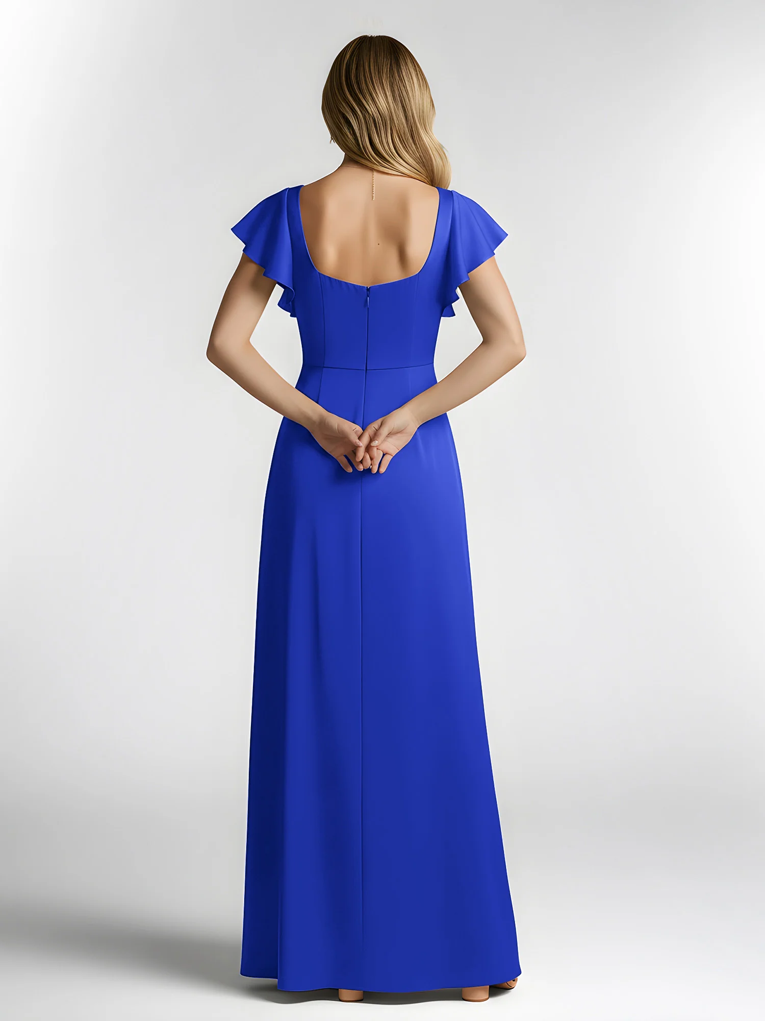 Chiffon Square Neck Flutter Sleeves Dresses With Slit Royal Blue - Image 2