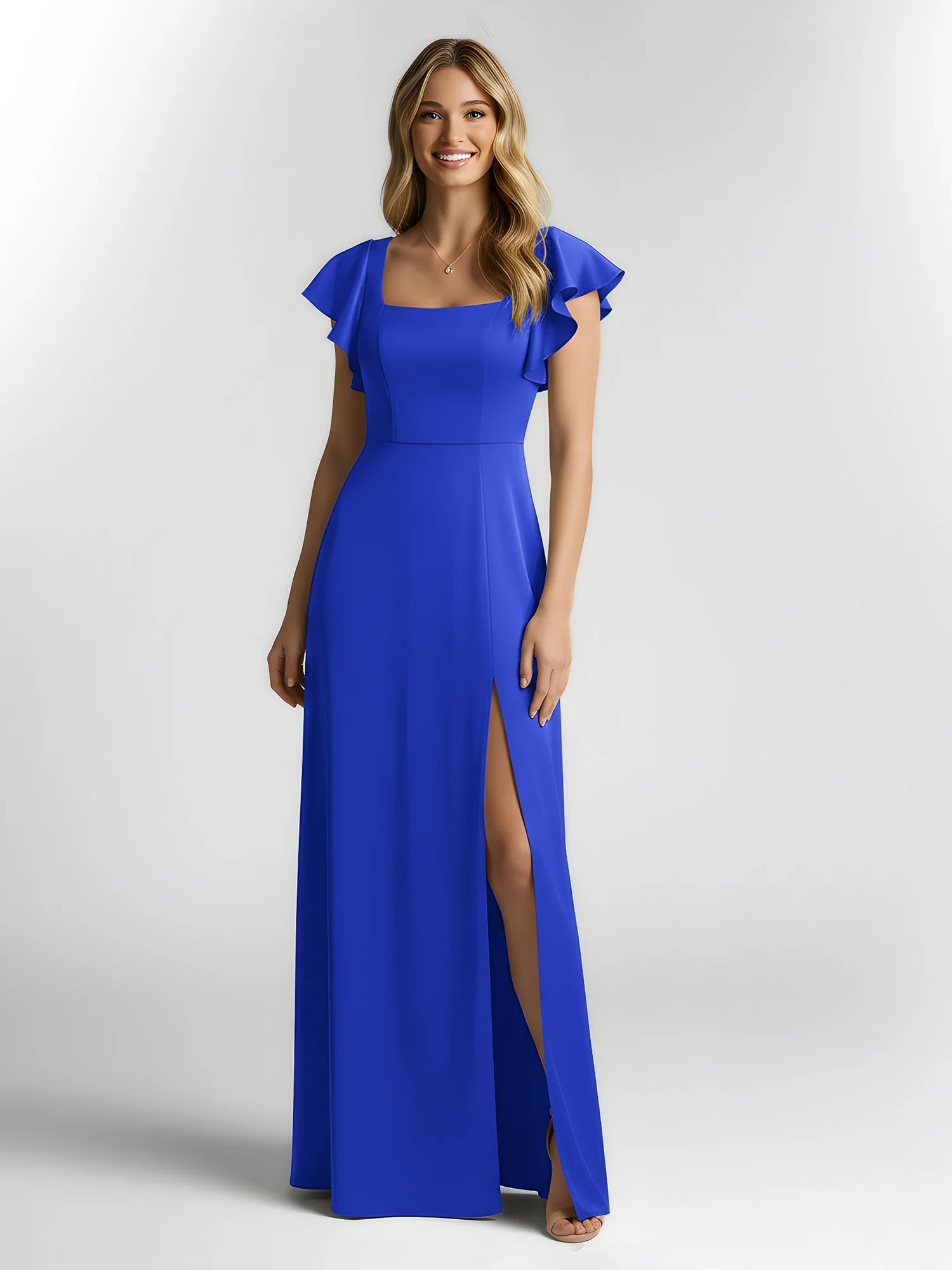 Chiffon Square Neck Flutter Sleeves Dresses With Slit Royal Blue - Image 3