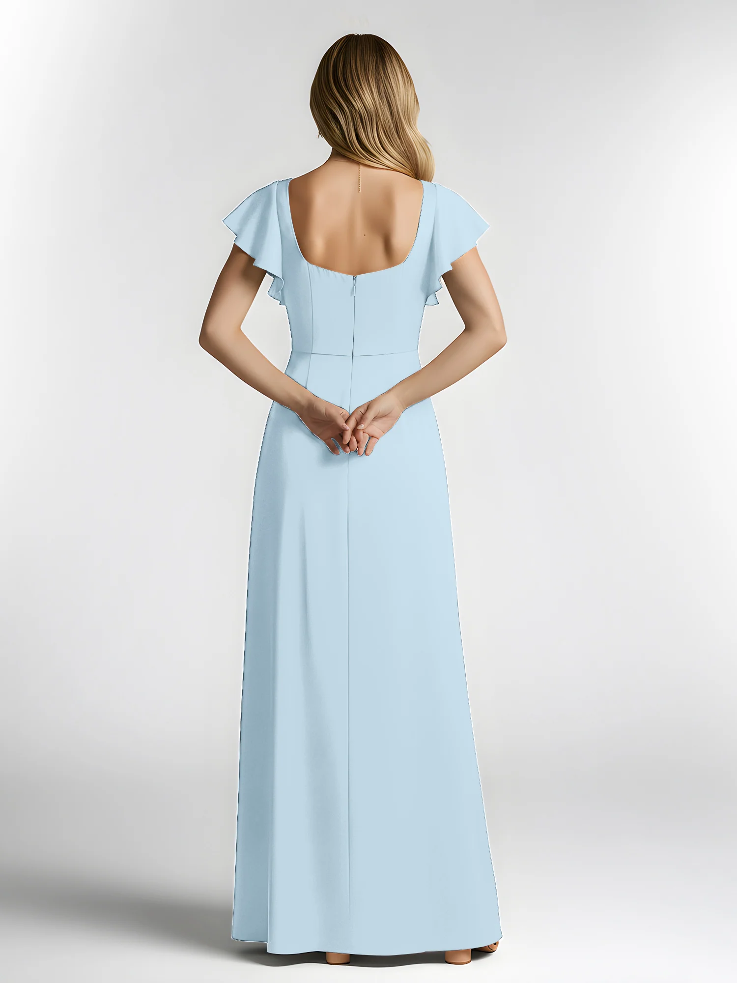 Chiffon Square Neck Flutter Sleeves Dresses With Slit Sky Blue - Image 2