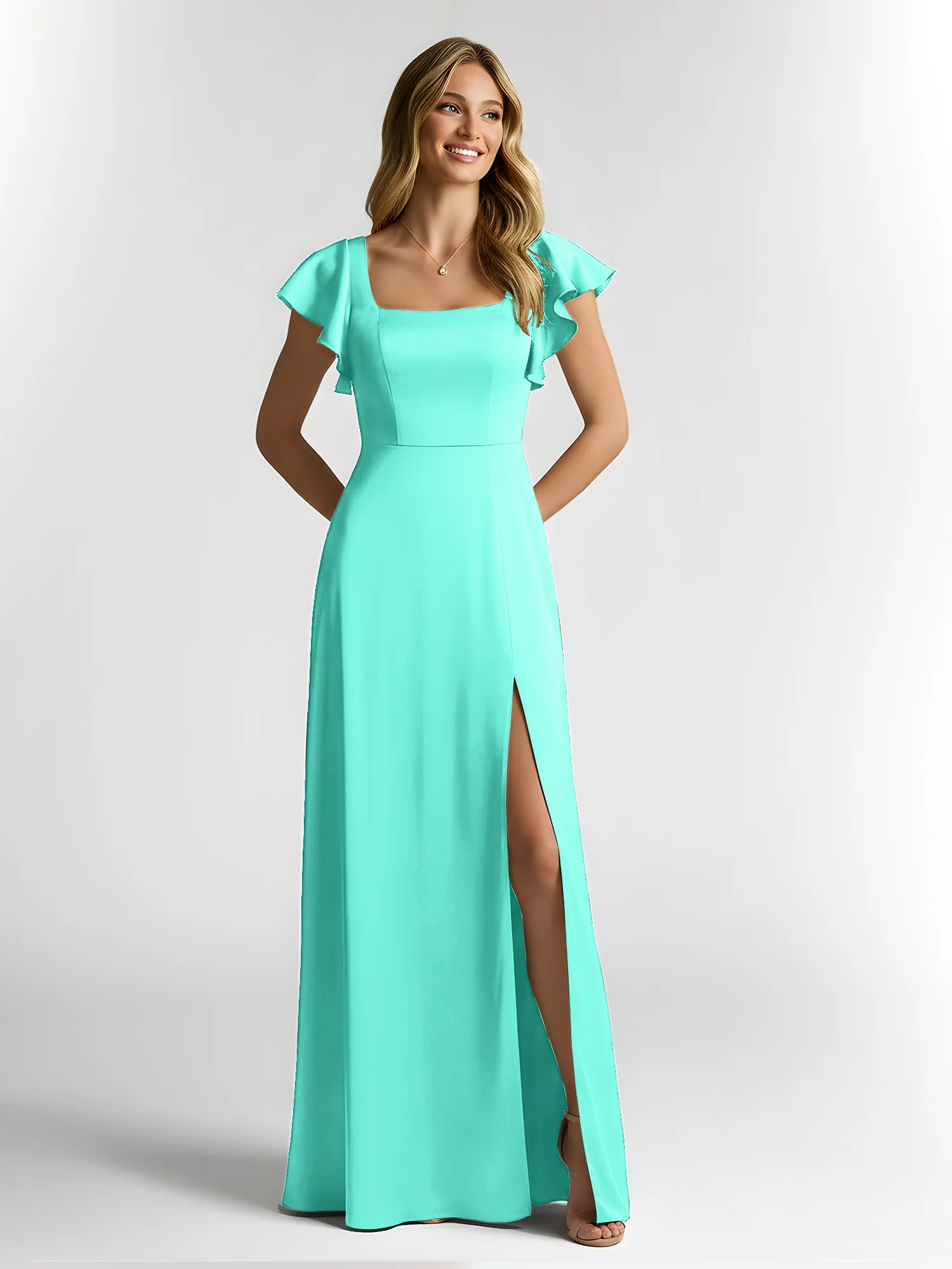 Chiffon Square Neck Flutter Sleeves Dresses With Slit Spa