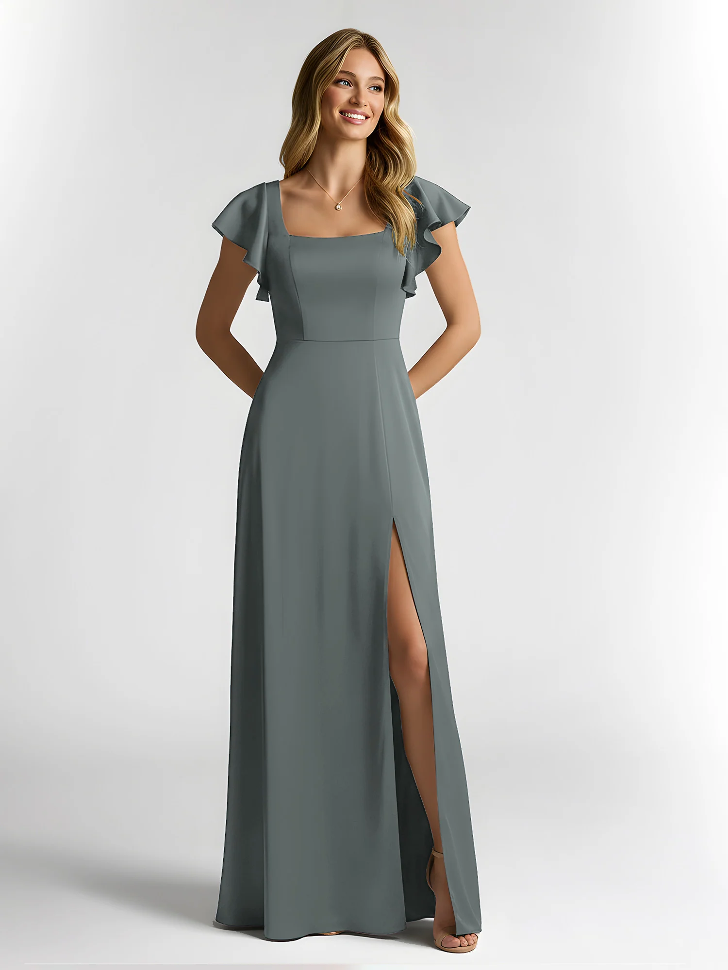 Chiffon Square Neck Flutter Sleeves Dresses With Slit Steel Grey