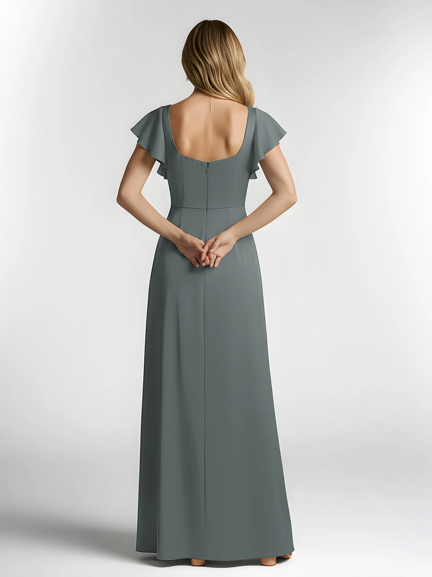 Chiffon Square Neck Flutter Sleeves Dresses With Slit Steel Grey - Image 2