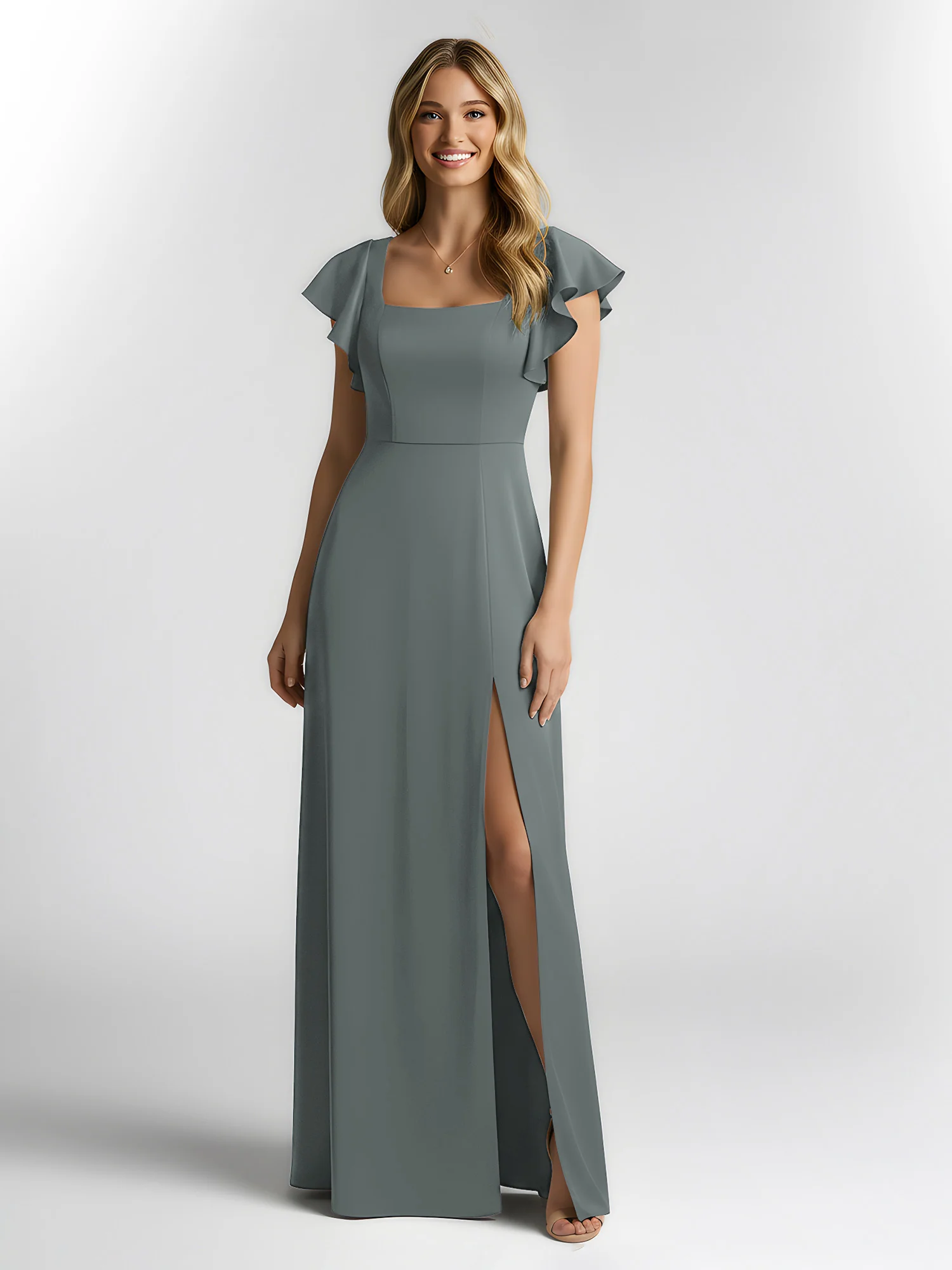 Chiffon Square Neck Flutter Sleeves Dresses With Slit Steel Grey - Image 3