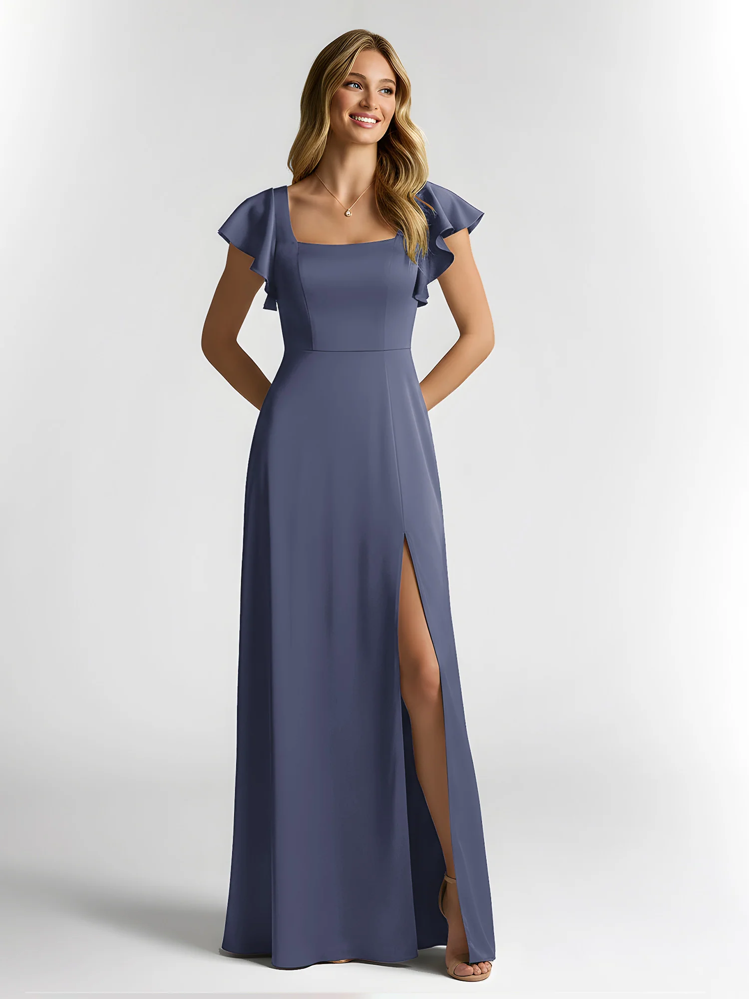 Chiffon Square Neck Flutter Sleeves Dresses With Slit Stormy
