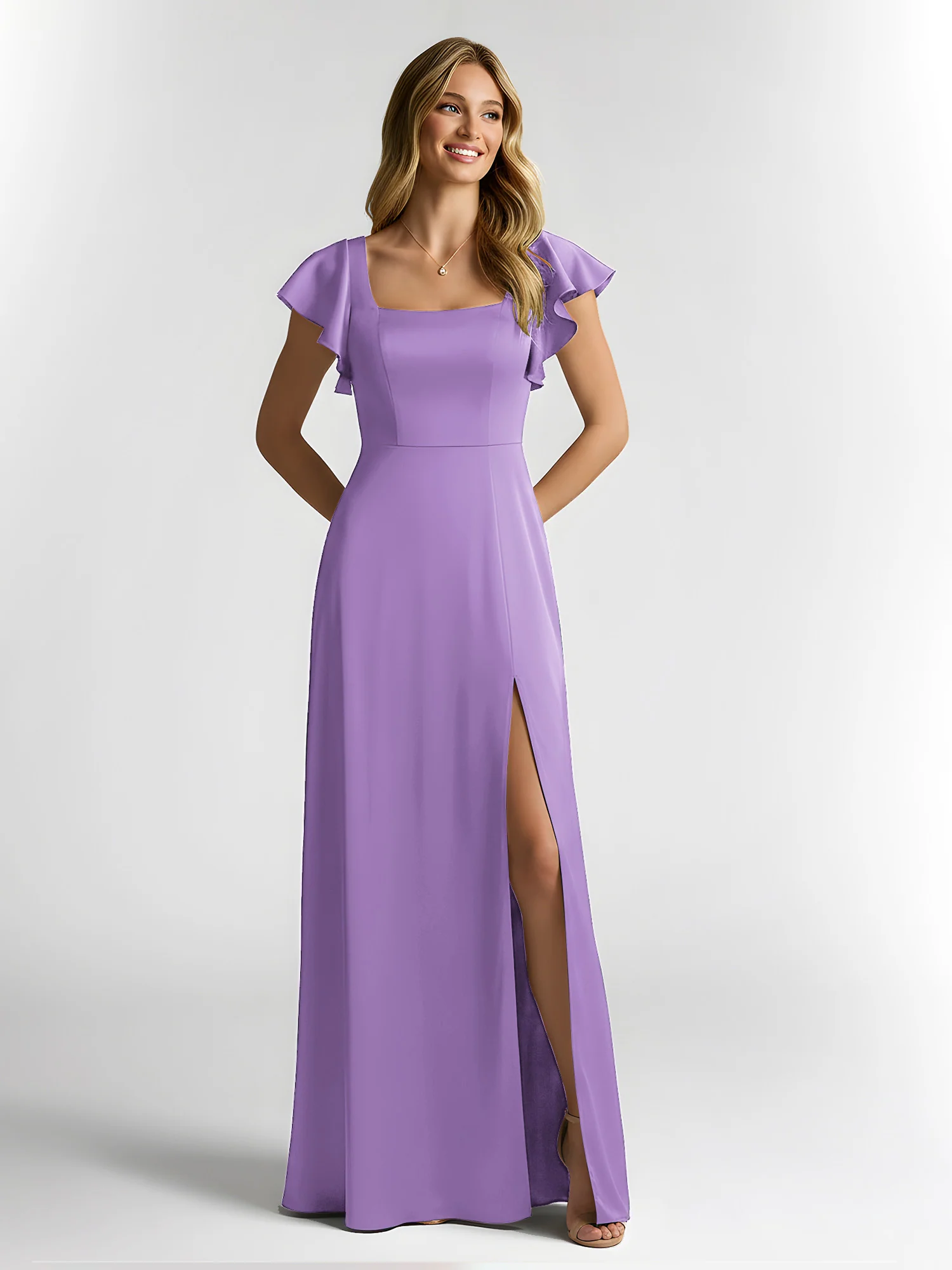 Chiffon Square Neck Flutter Sleeves Dresses With Slit Tahiti