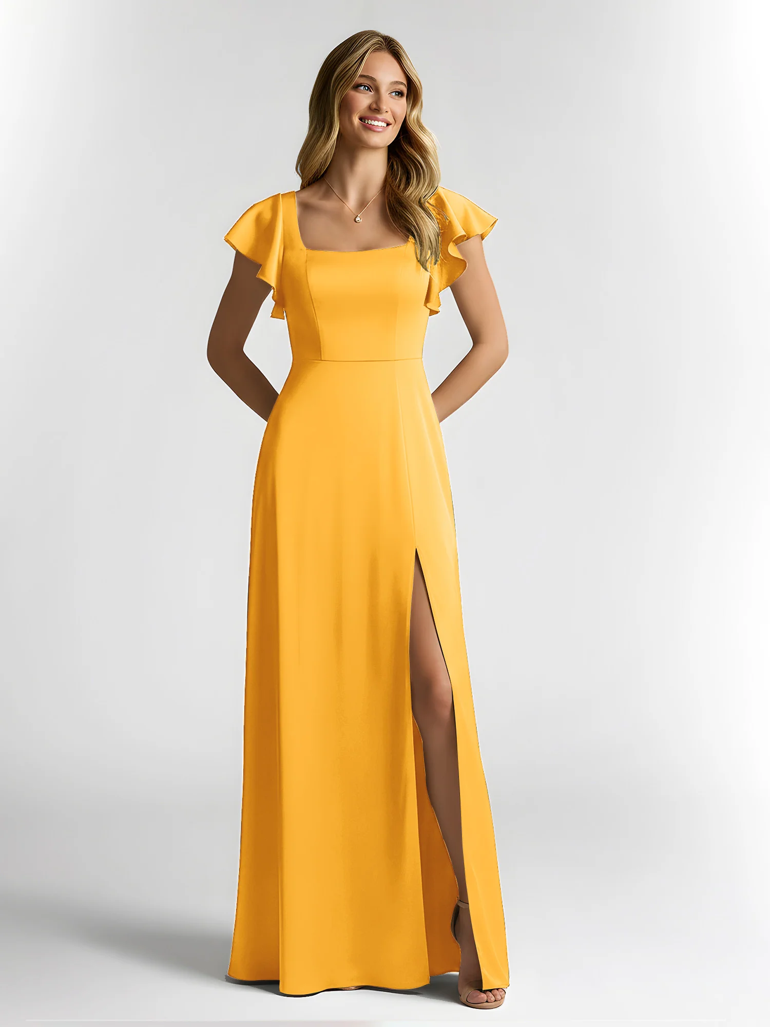 Chiffon Square Neck Flutter Sleeves Dresses With Slit Tangerine