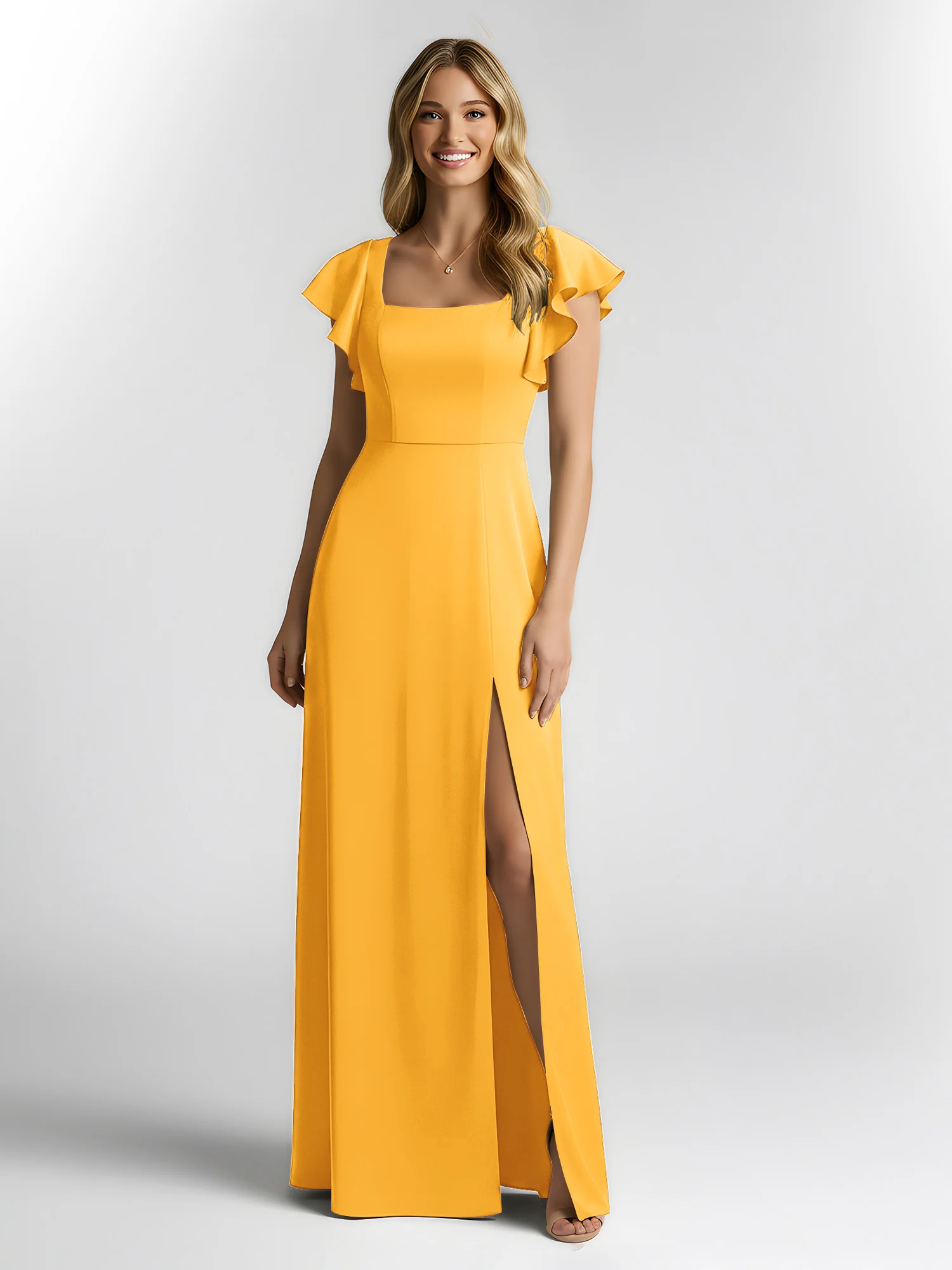 Chiffon Square Neck Flutter Sleeves Dresses With Slit Tangerine - Image 3