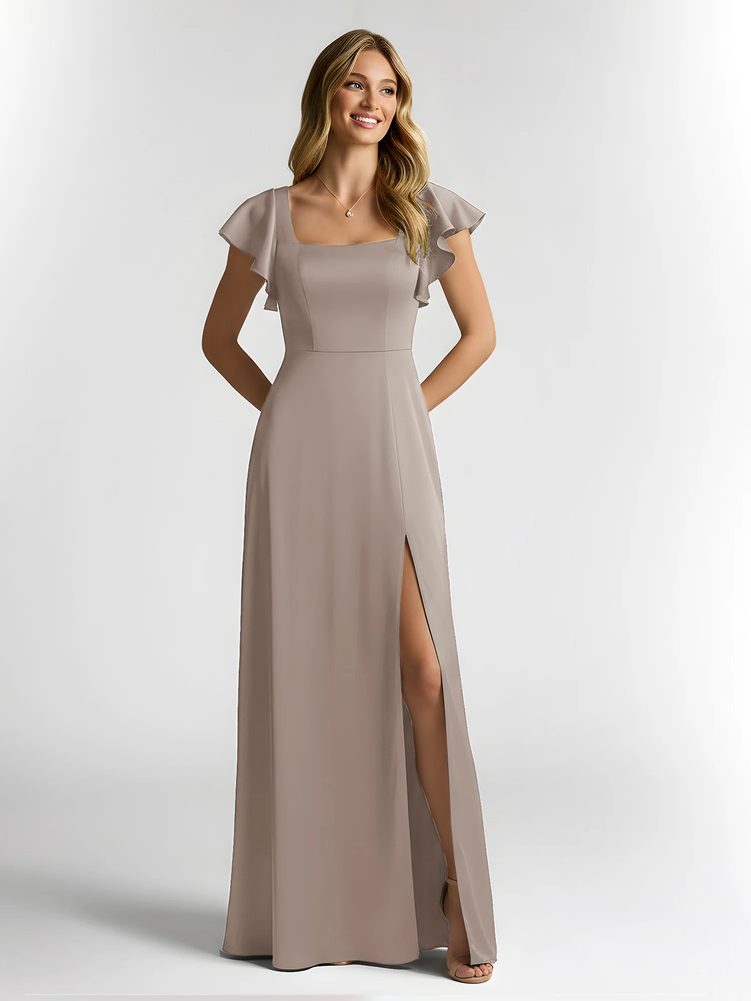 Chiffon Square Neck Flutter Sleeves Dresses With Slit Taupe