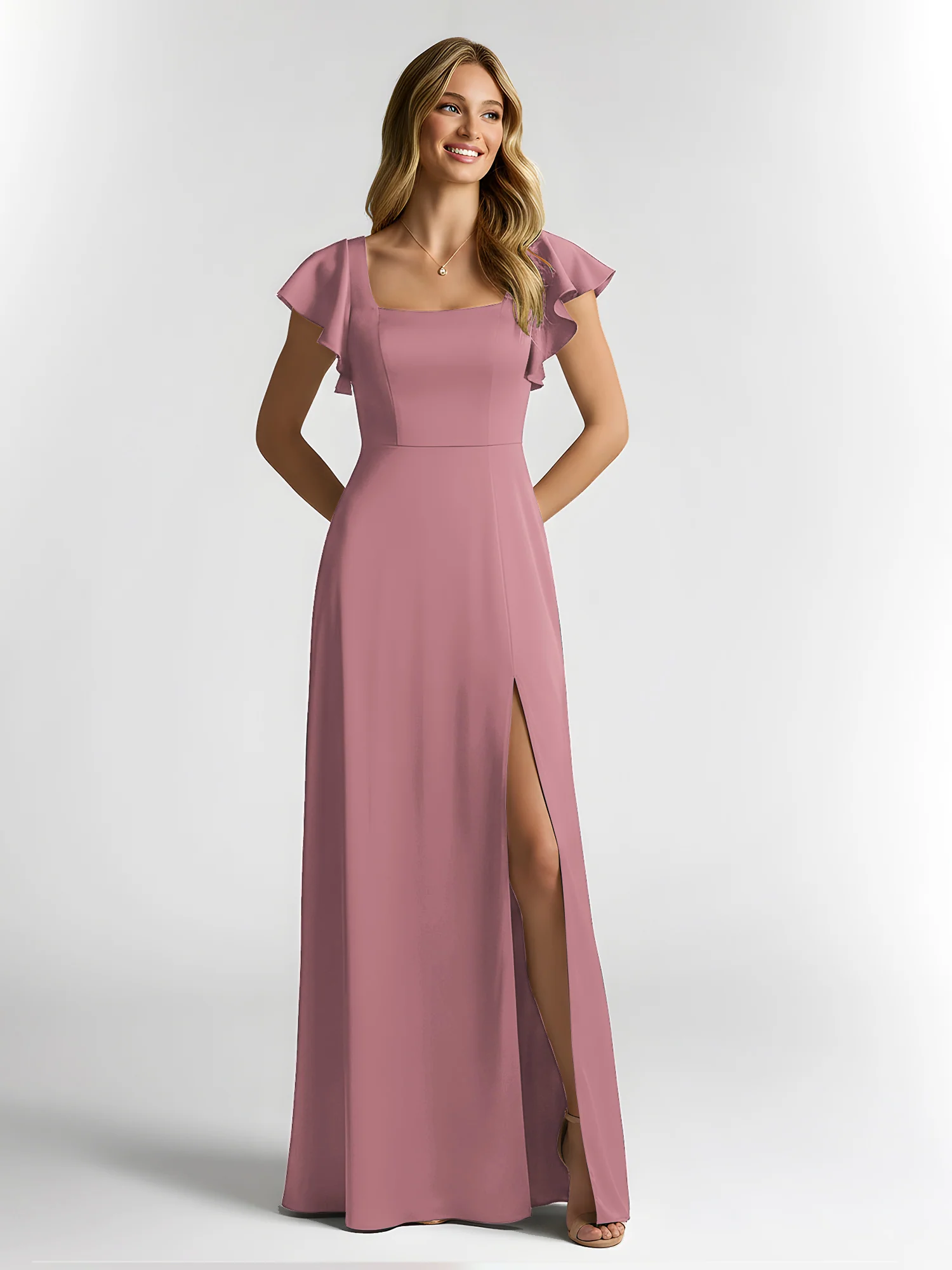 Chiffon Square Neck Flutter Sleeves Dresses With Slit Vintage Mauve