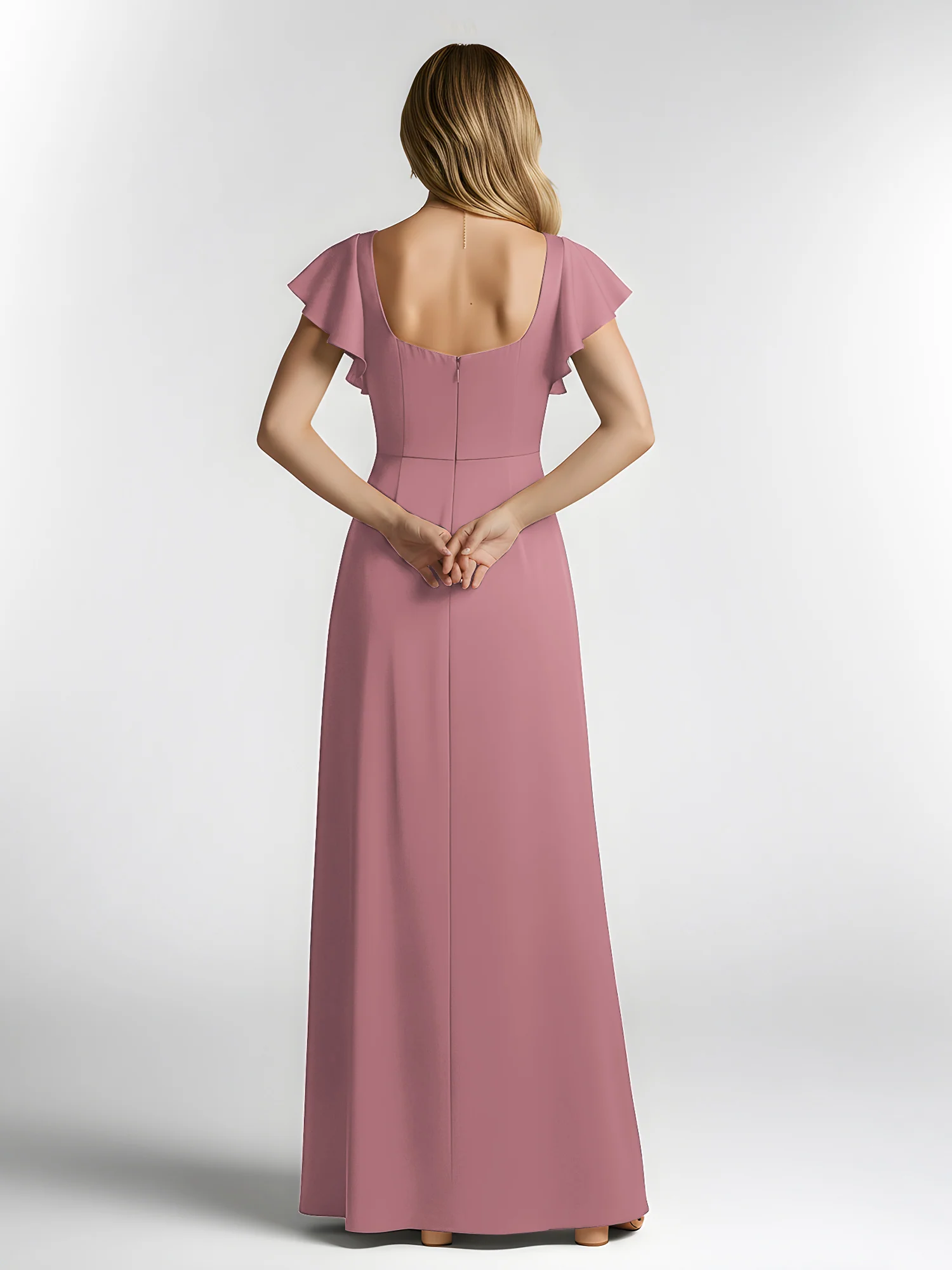 Chiffon Square Neck Flutter Sleeves Dresses With Slit Vintage Mauve - Image 2