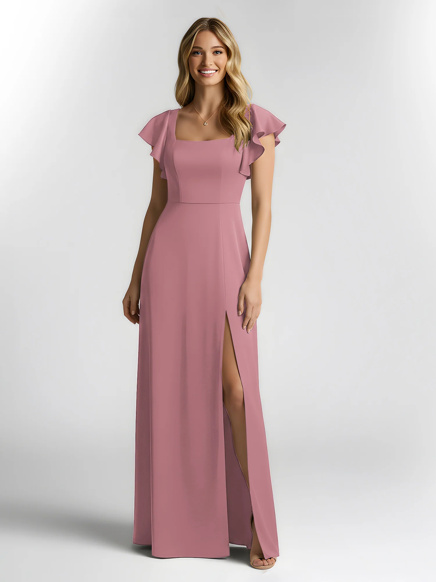 Chiffon Square Neck Flutter Sleeves Dresses With Slit Vintage Mauve - Image 3