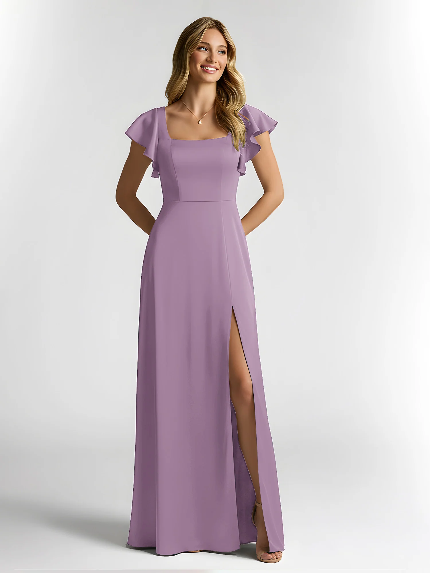 Chiffon Square Neck Flutter Sleeves Dresses With Slit Wisteria