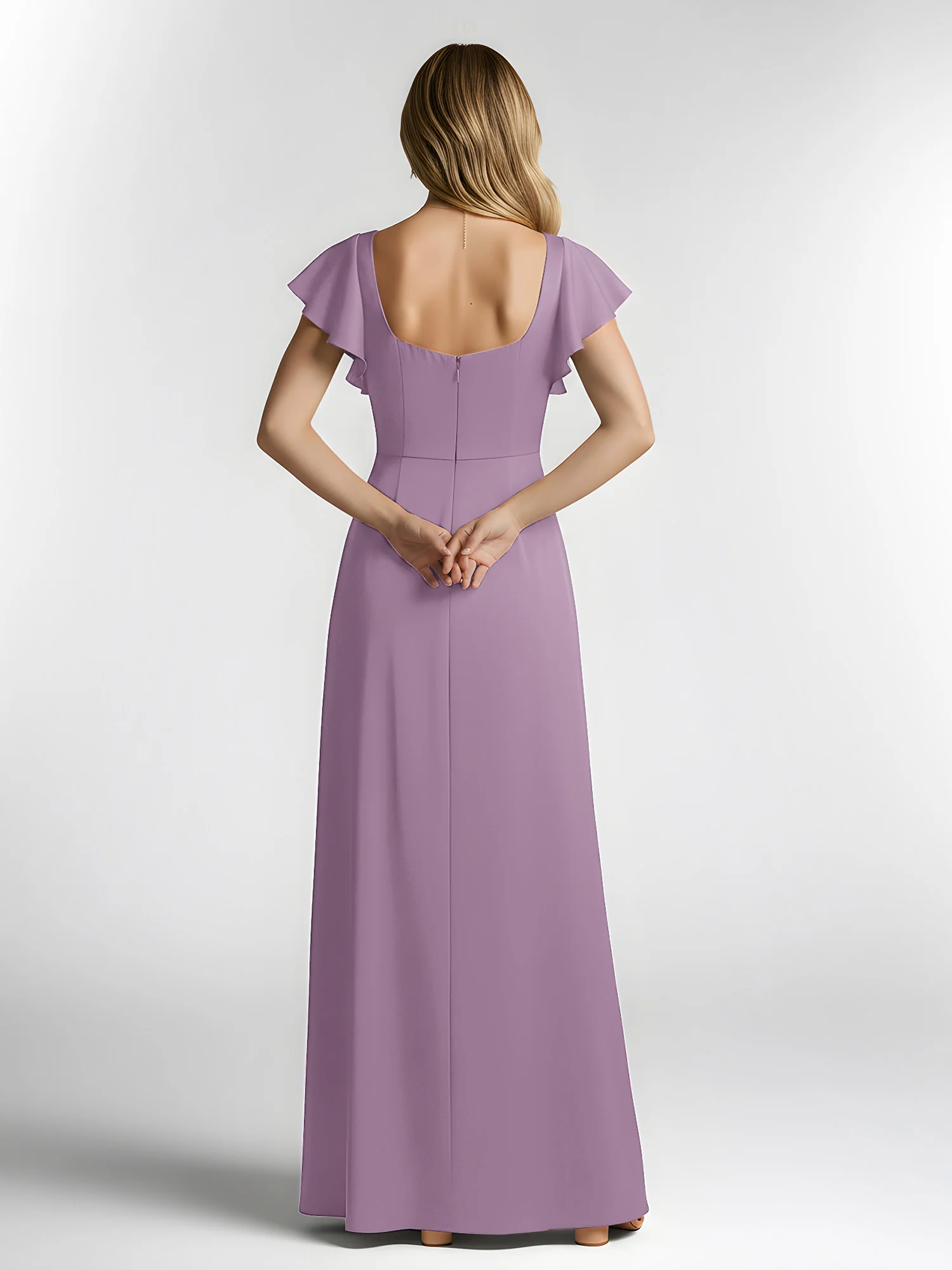 Chiffon Square Neck Flutter Sleeves Dresses With Slit Wisteria - Image 2