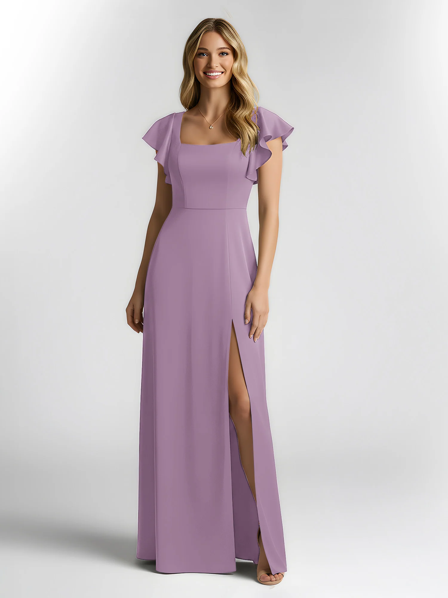 Chiffon Square Neck Flutter Sleeves Dresses With Slit Wisteria - Image 3