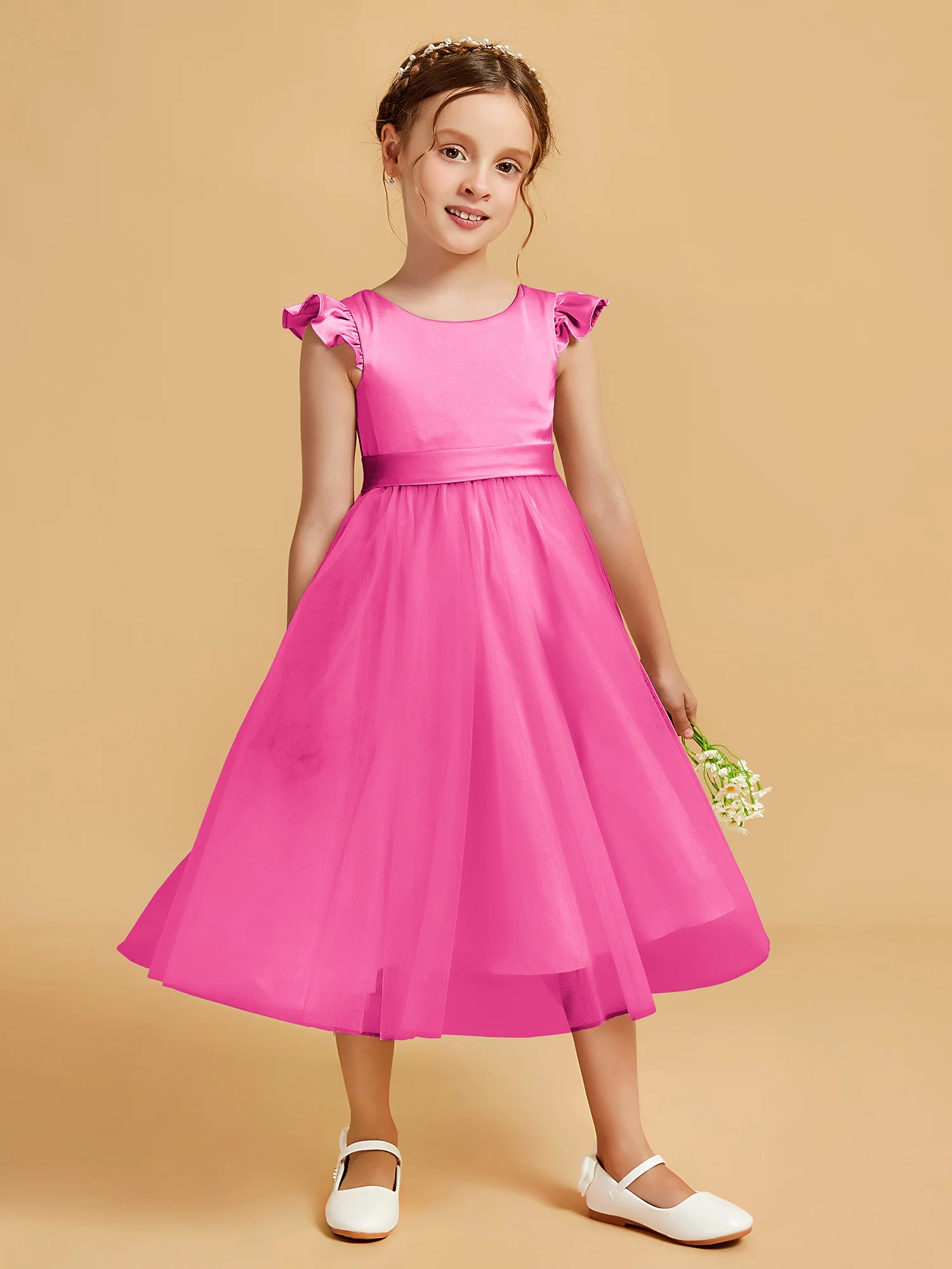 Satin Girl's Dress With Flutter Sleeves Azalea
