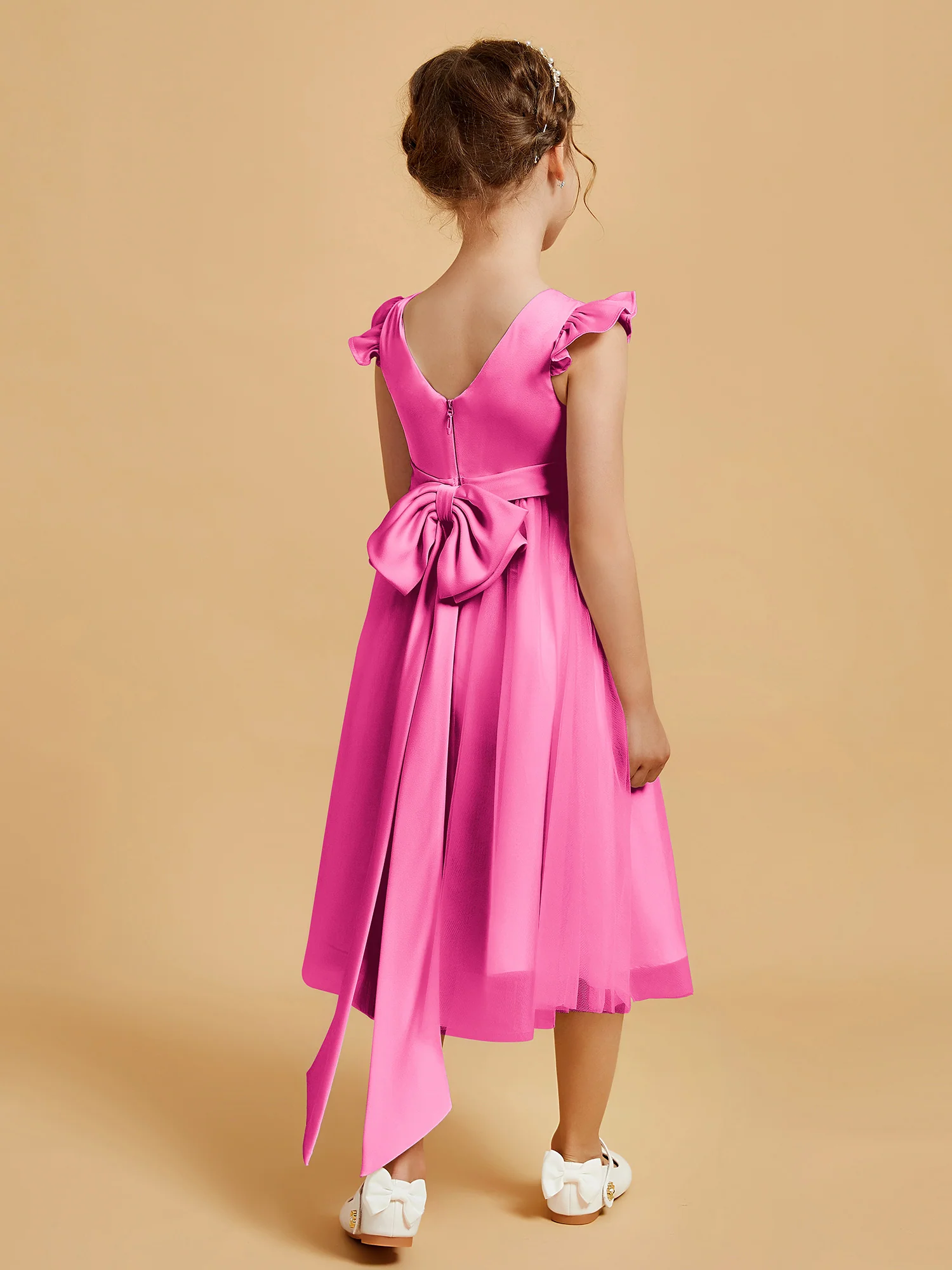 Satin Girl's Dress With Flutter Sleeves Azalea - Image 2