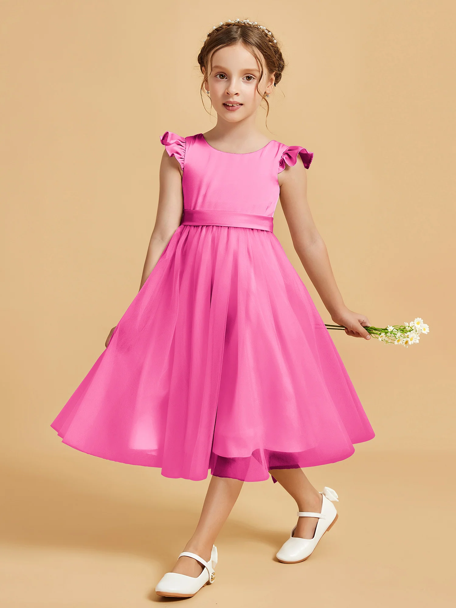 Satin Girl's Dress With Flutter Sleeves Azalea - Image 3