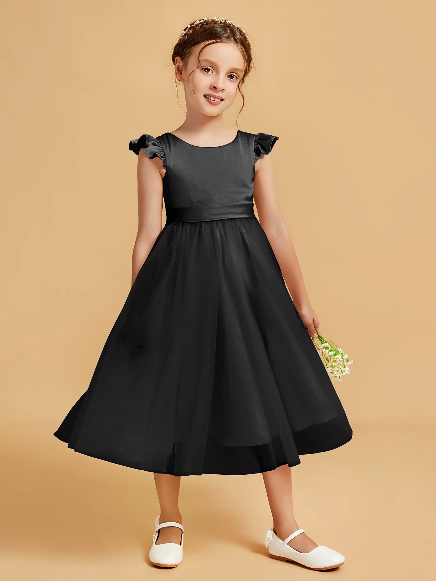 Satin Girl's Dress With Flutter Sleeves Black