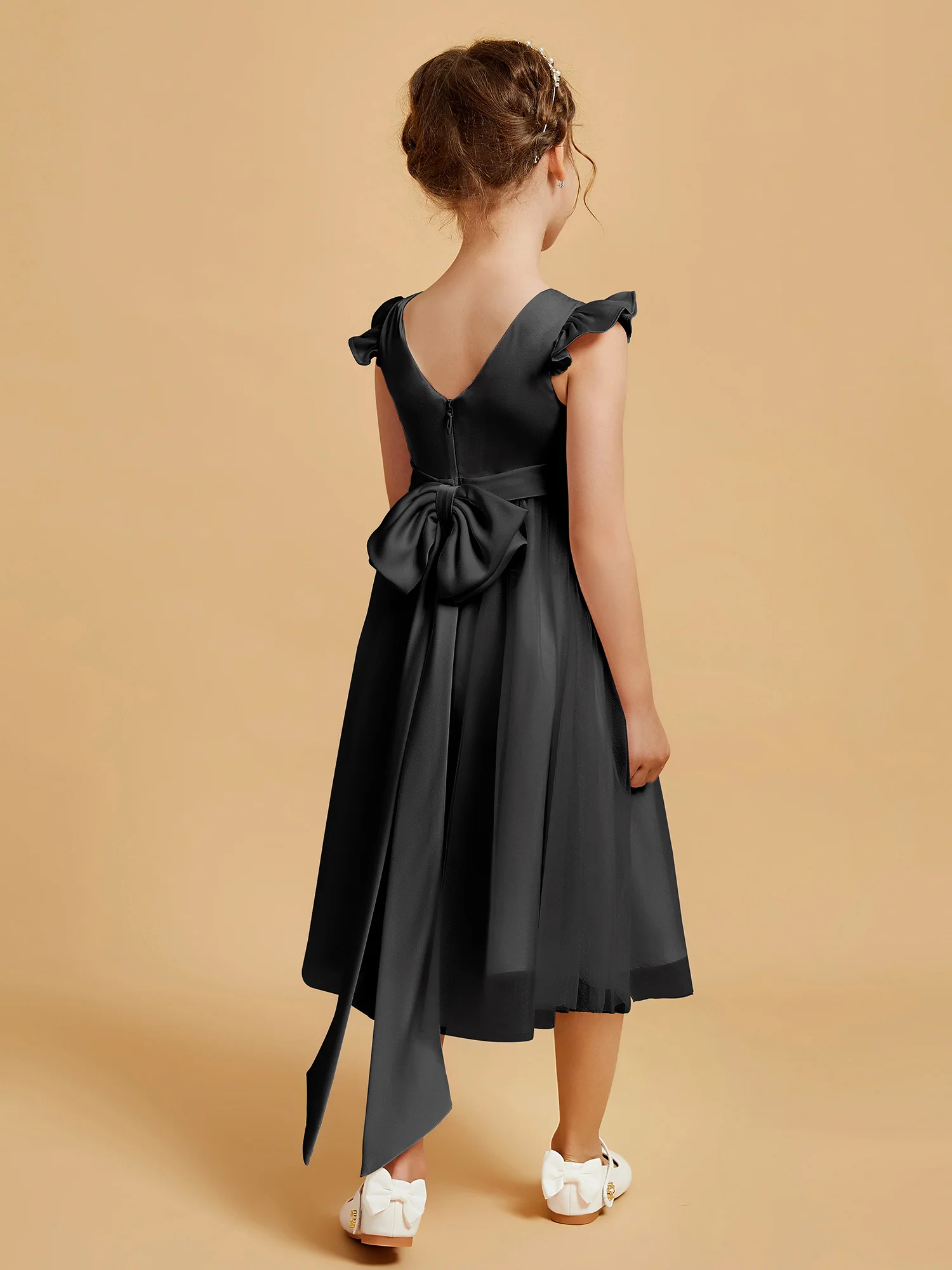 Satin Girl's Dress With Flutter Sleeves Black - Image 2