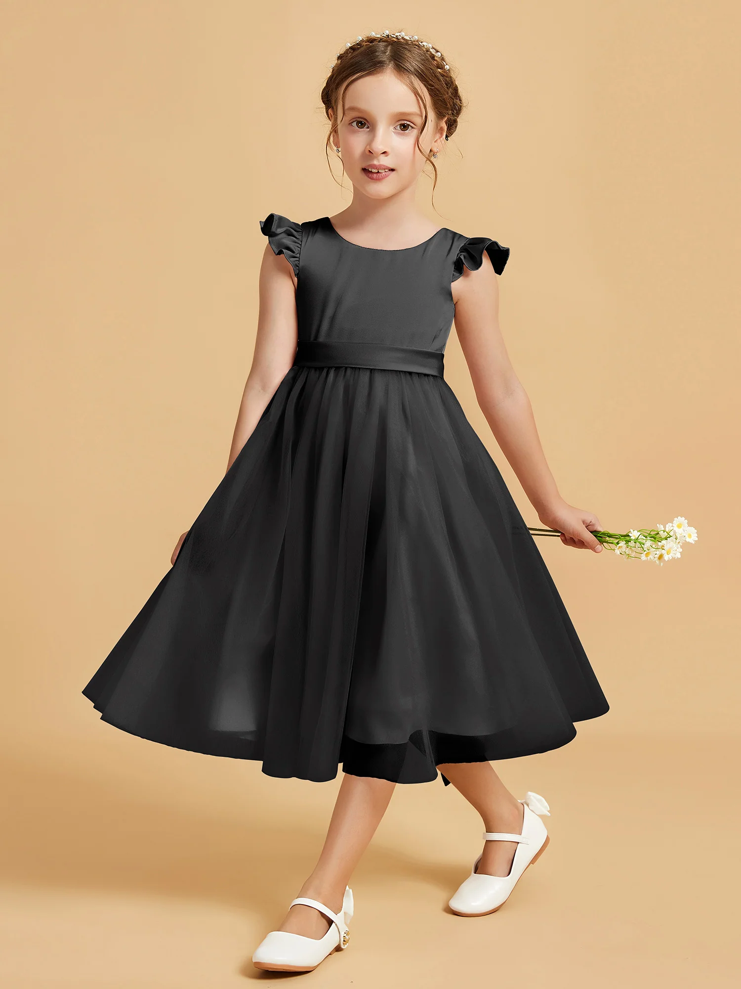 Satin Girl's Dress With Flutter Sleeves Black - Image 3