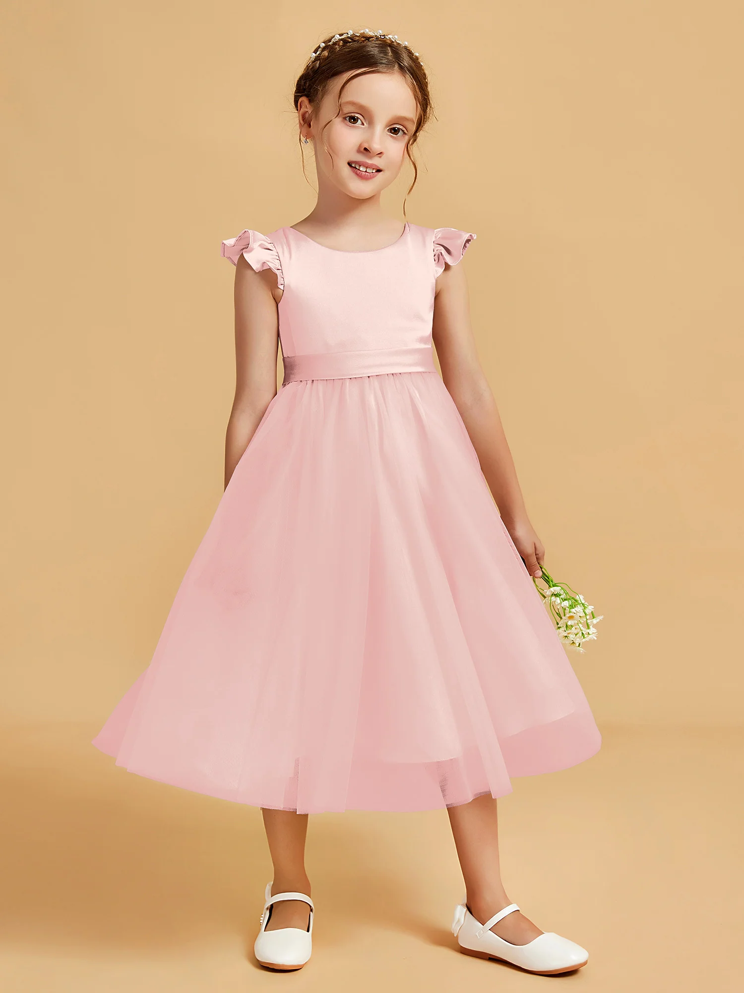 Satin Girl's Dress With Flutter Sleeves Blushing Pink