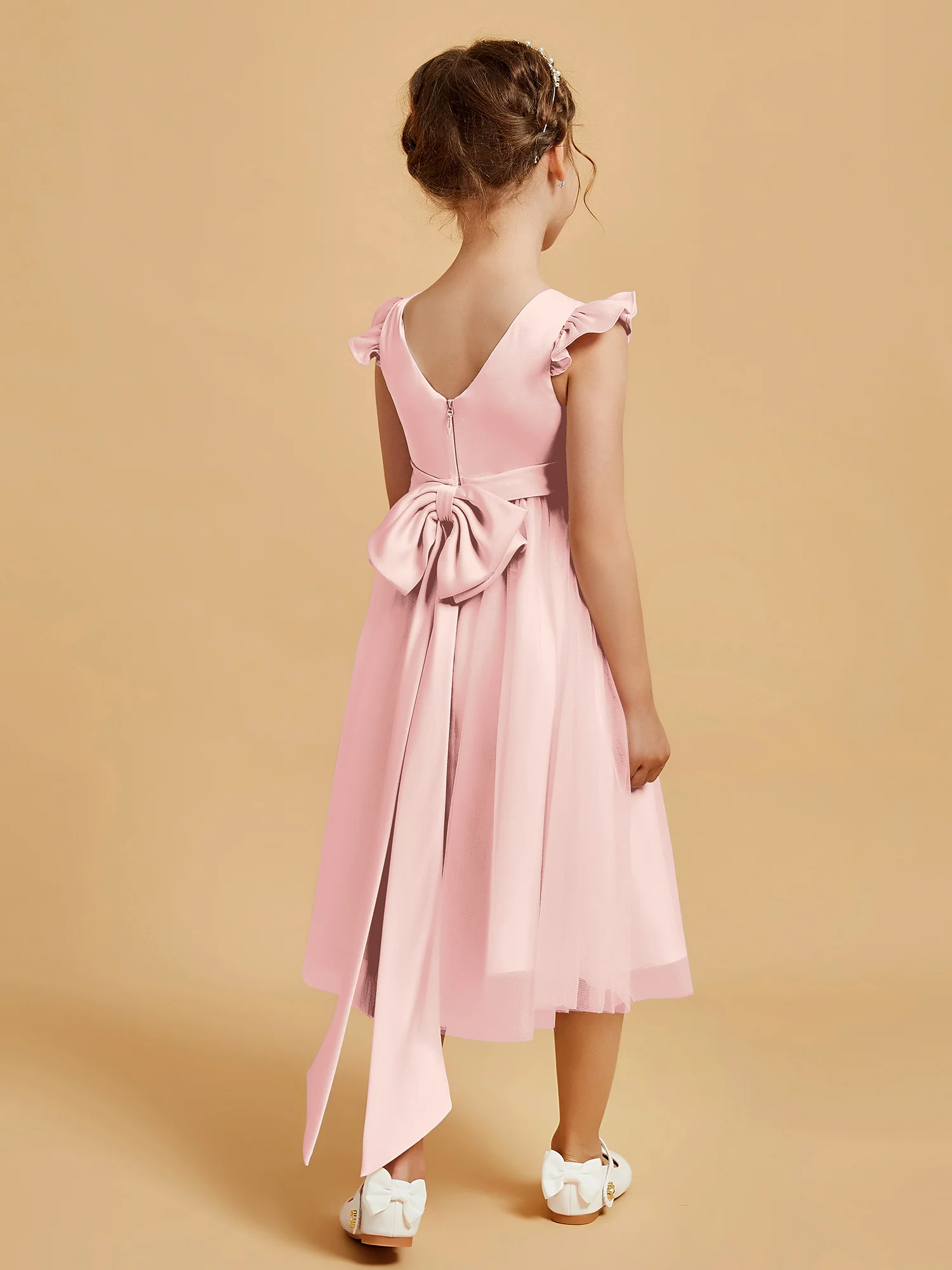 Satin Girl's Dress With Flutter Sleeves Blushing Pink - Image 2