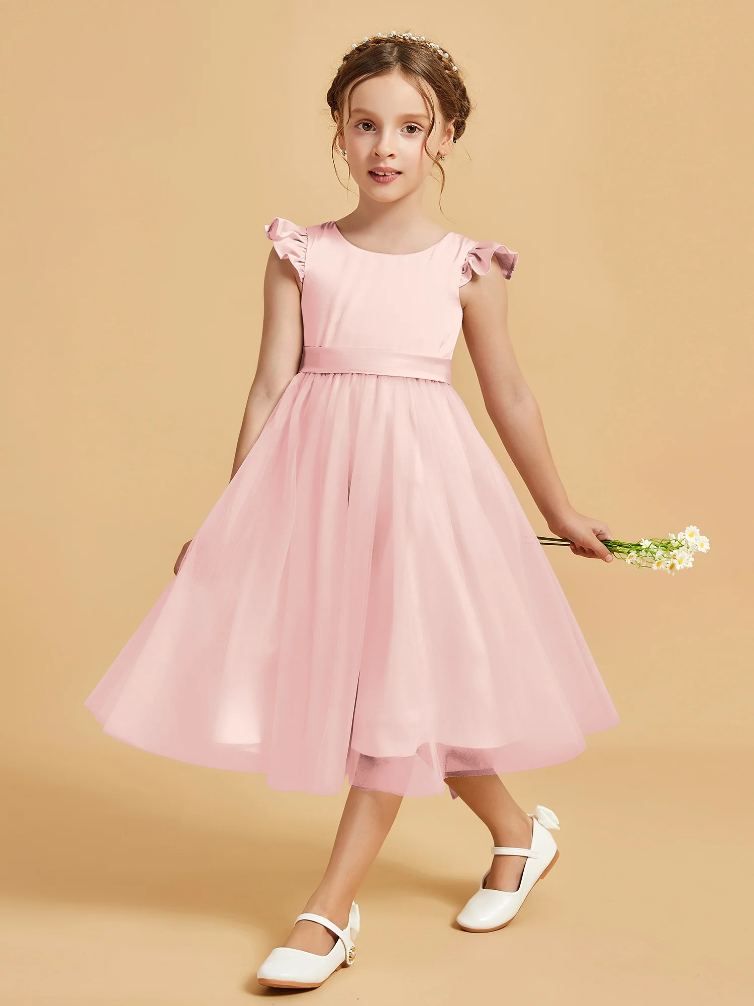 Satin Girl's Dress With Flutter Sleeves Blushing Pink - Image 3