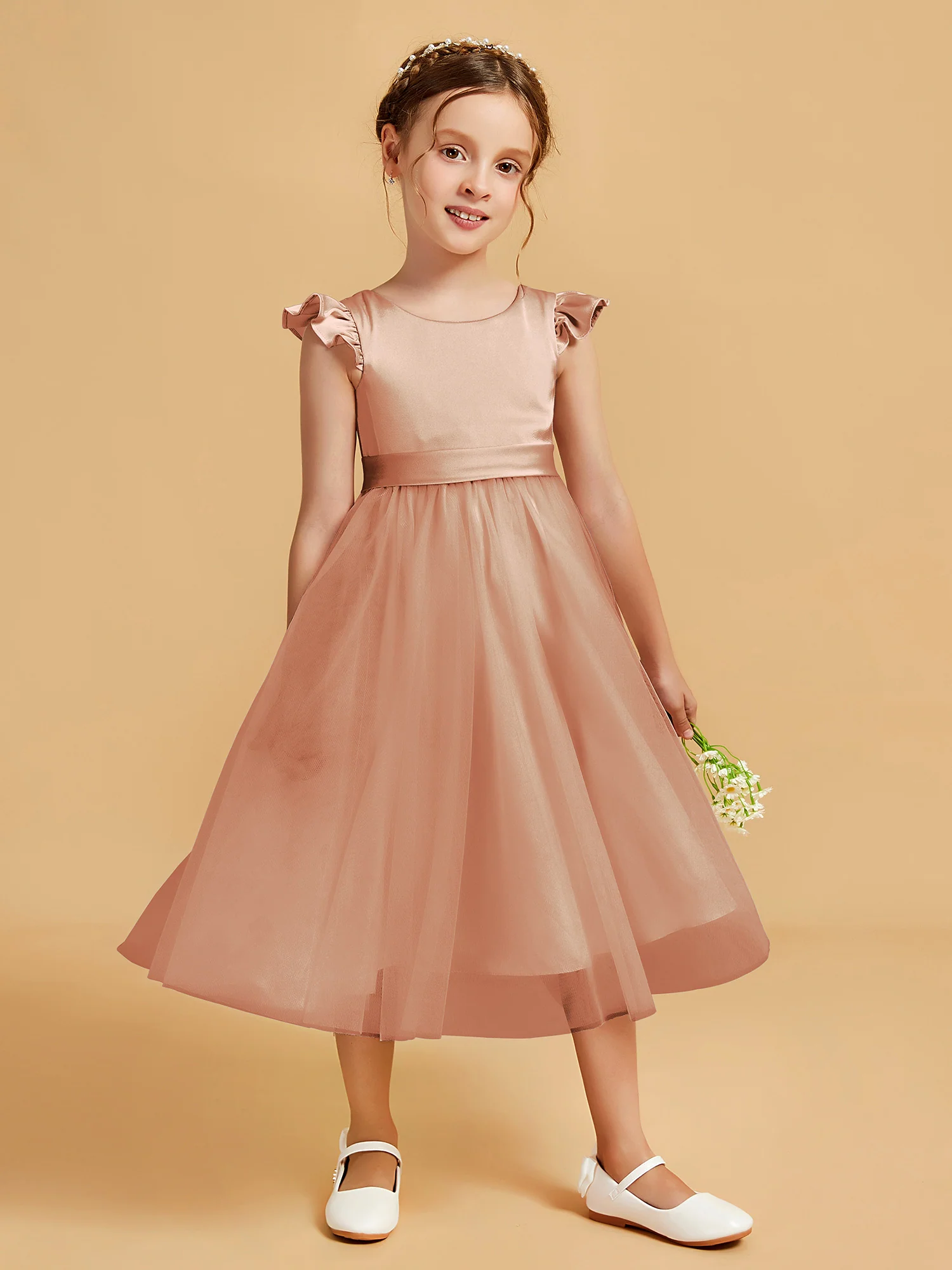 Satin Girl's Dress With Flutter Sleeves Bronzer