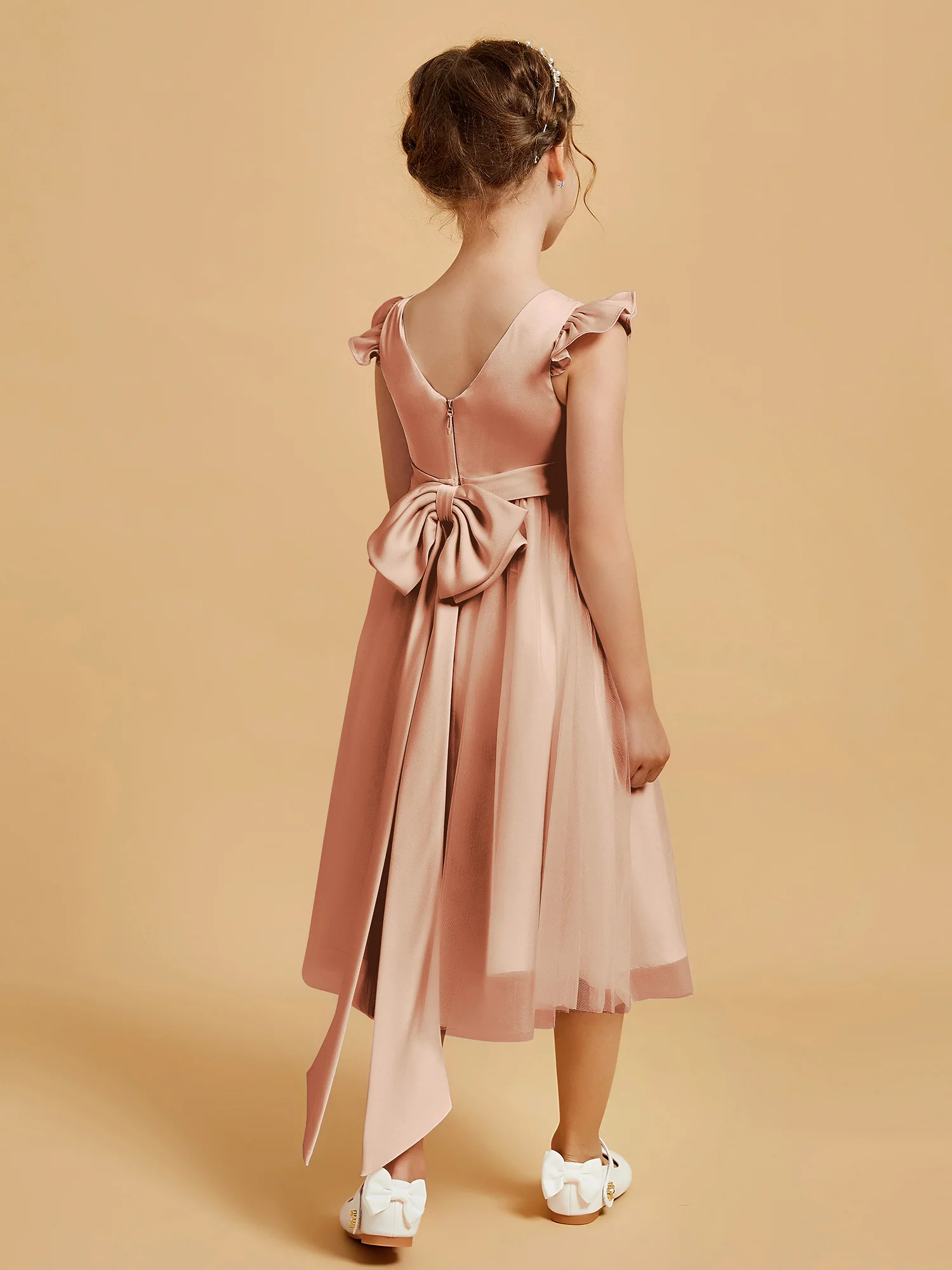 Satin Girl's Dress With Flutter Sleeves Bronzer - Image 2