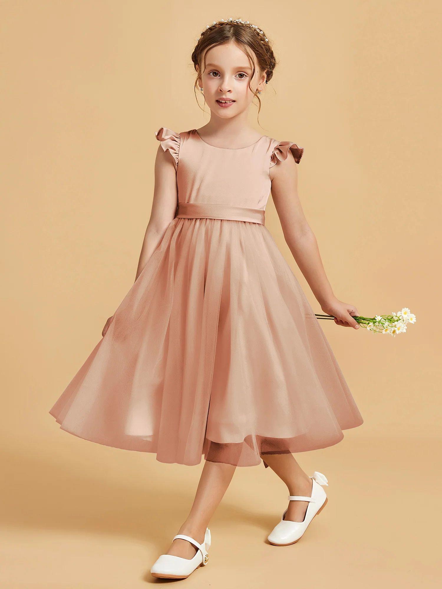 Satin Girl's Dress With Flutter Sleeves Bronzer - Image 3