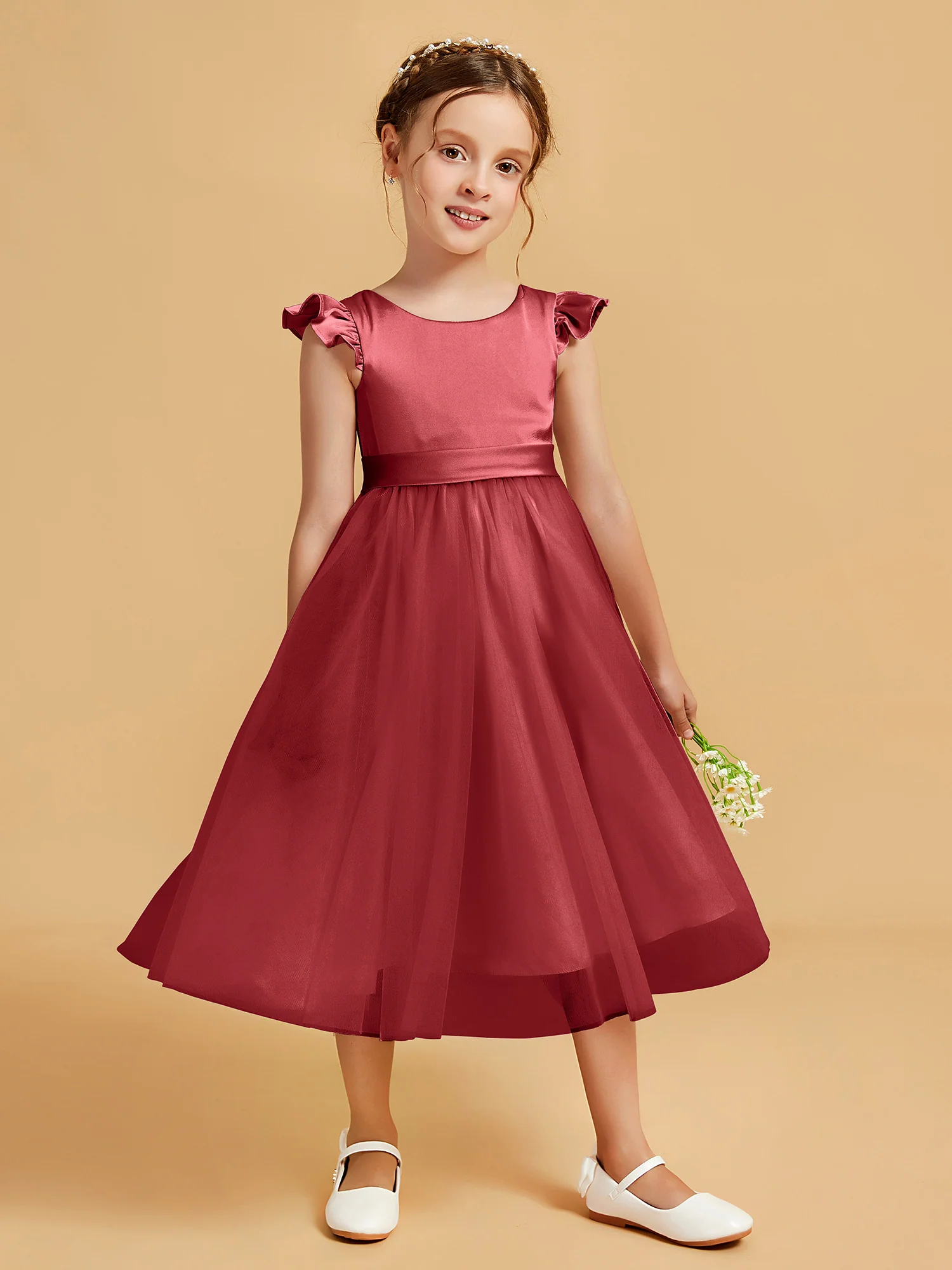 Satin Girl's Dress With Flutter Sleeves Burgundy