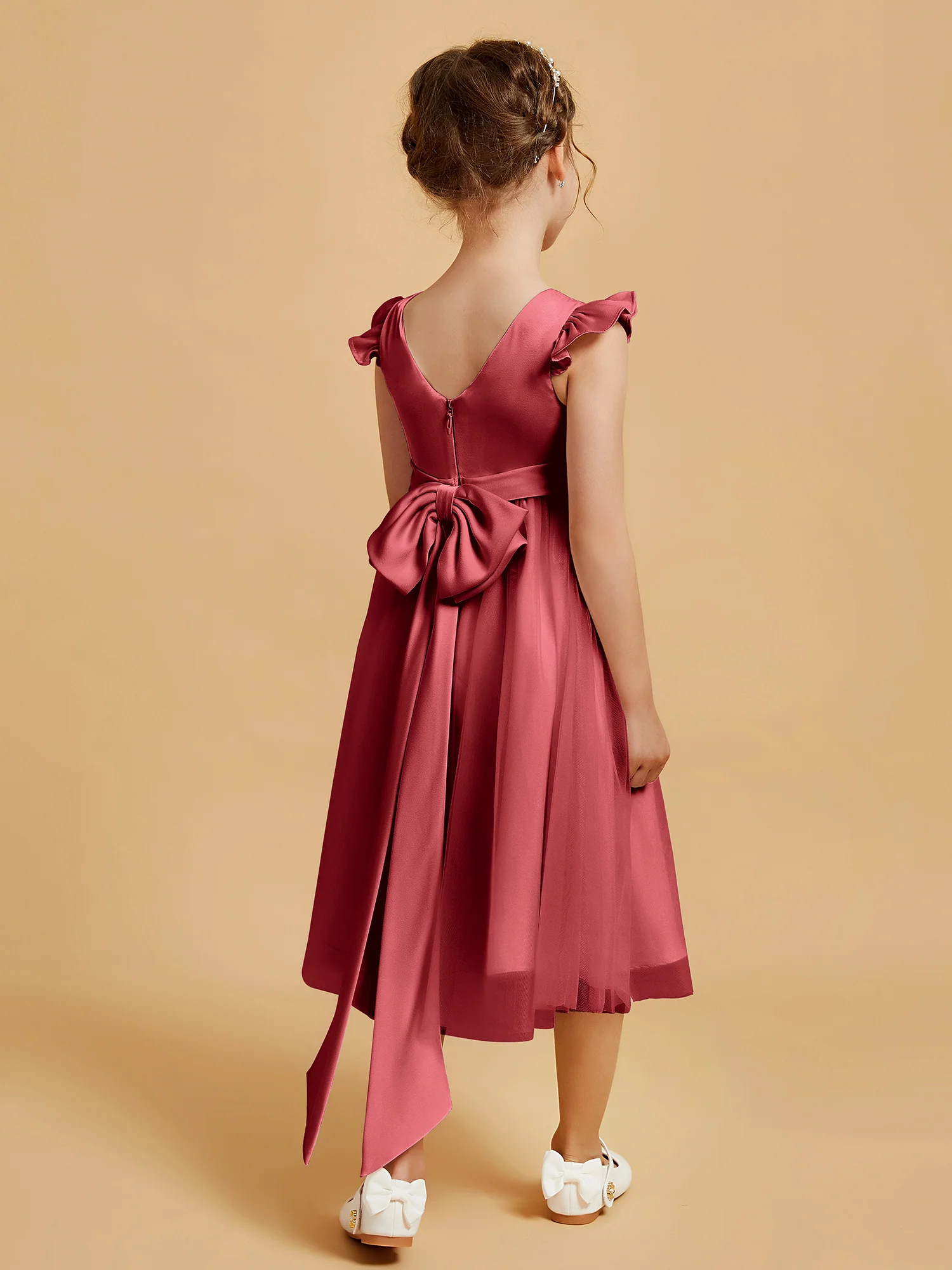 Satin Girl's Dress With Flutter Sleeves Burgundy - Image 2